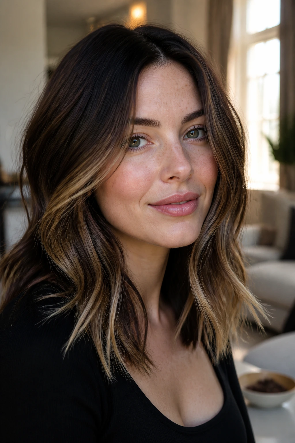 Close-up portrait of a real woman with buttered espresso hair and soft waves in warm daylight