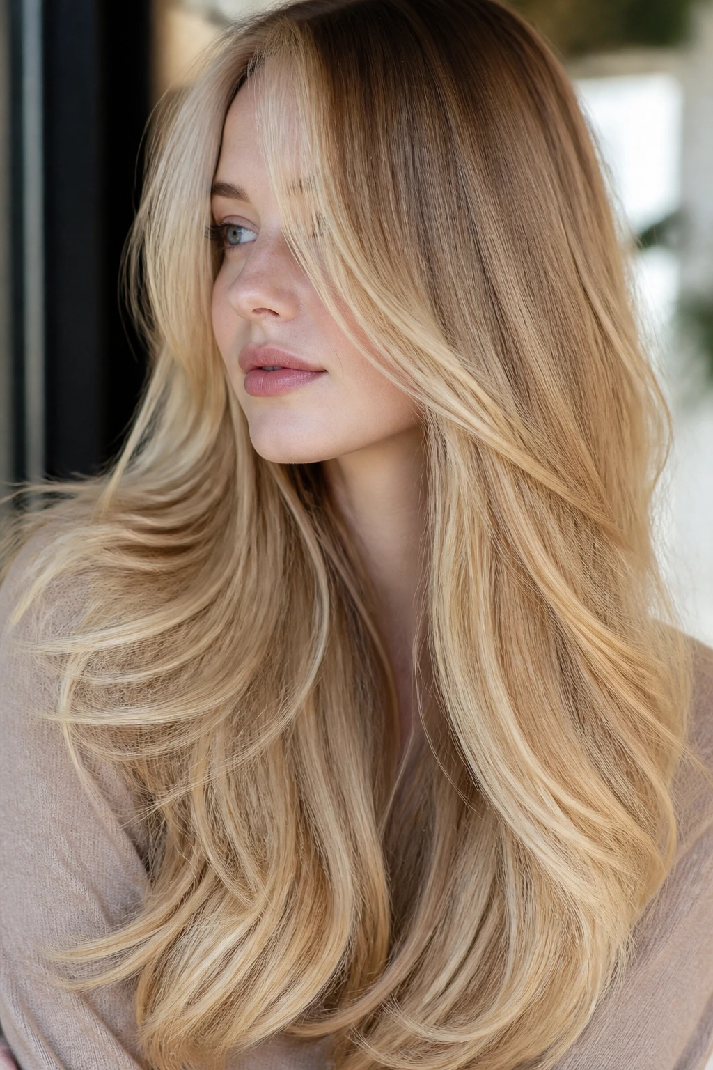 Real person with long buttered layers and honey balayage