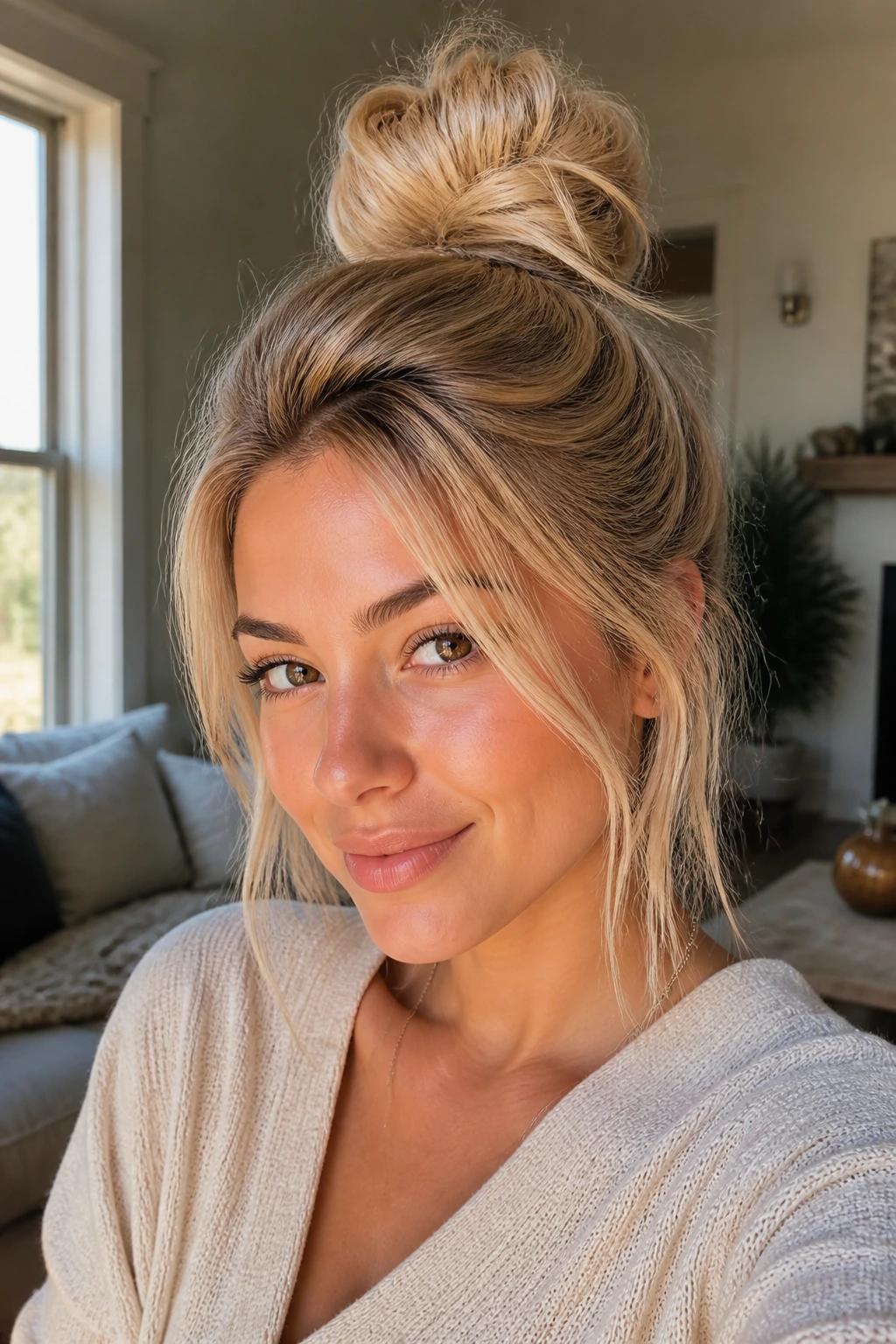 Close-up portrait of a woman with a softly undone top knot and creamy blonde tones