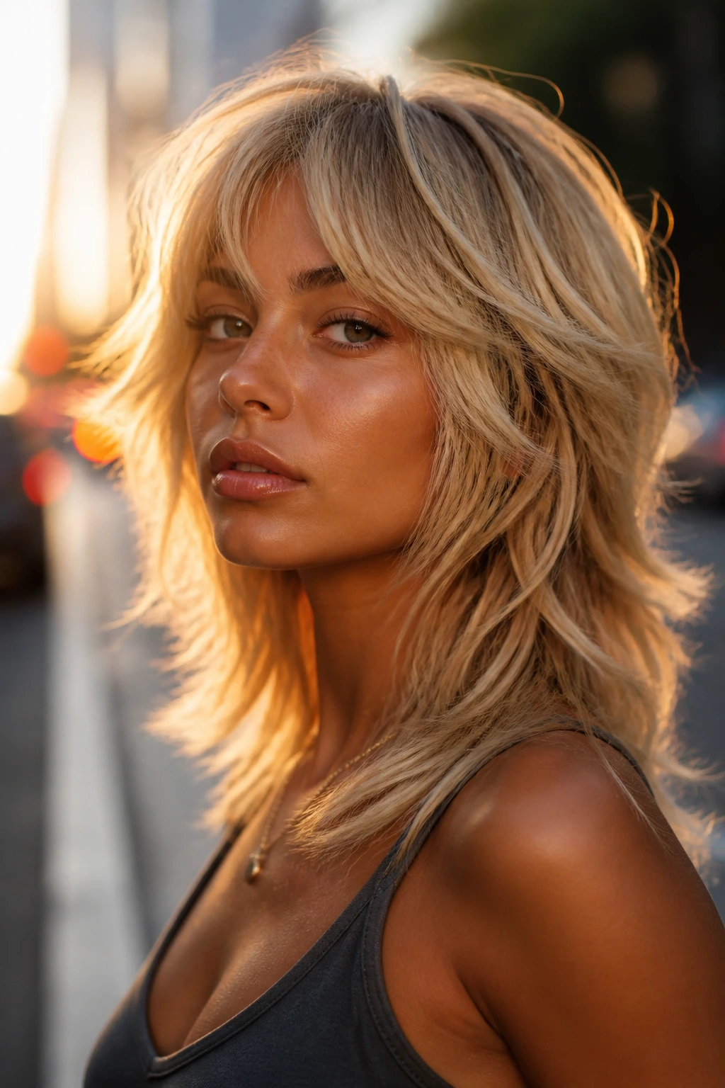 Portrait of a real woman with buttered Nordic wolf cut hairstyle