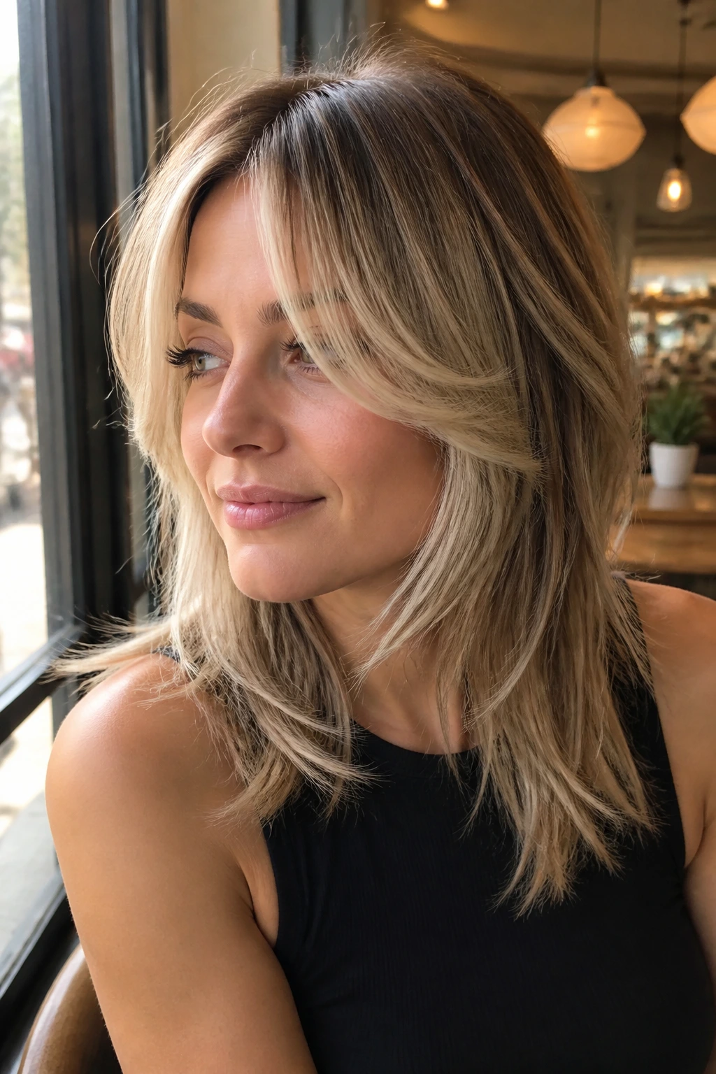 Real woman with butterfly bangs and airy mid-length layers in cafe window light