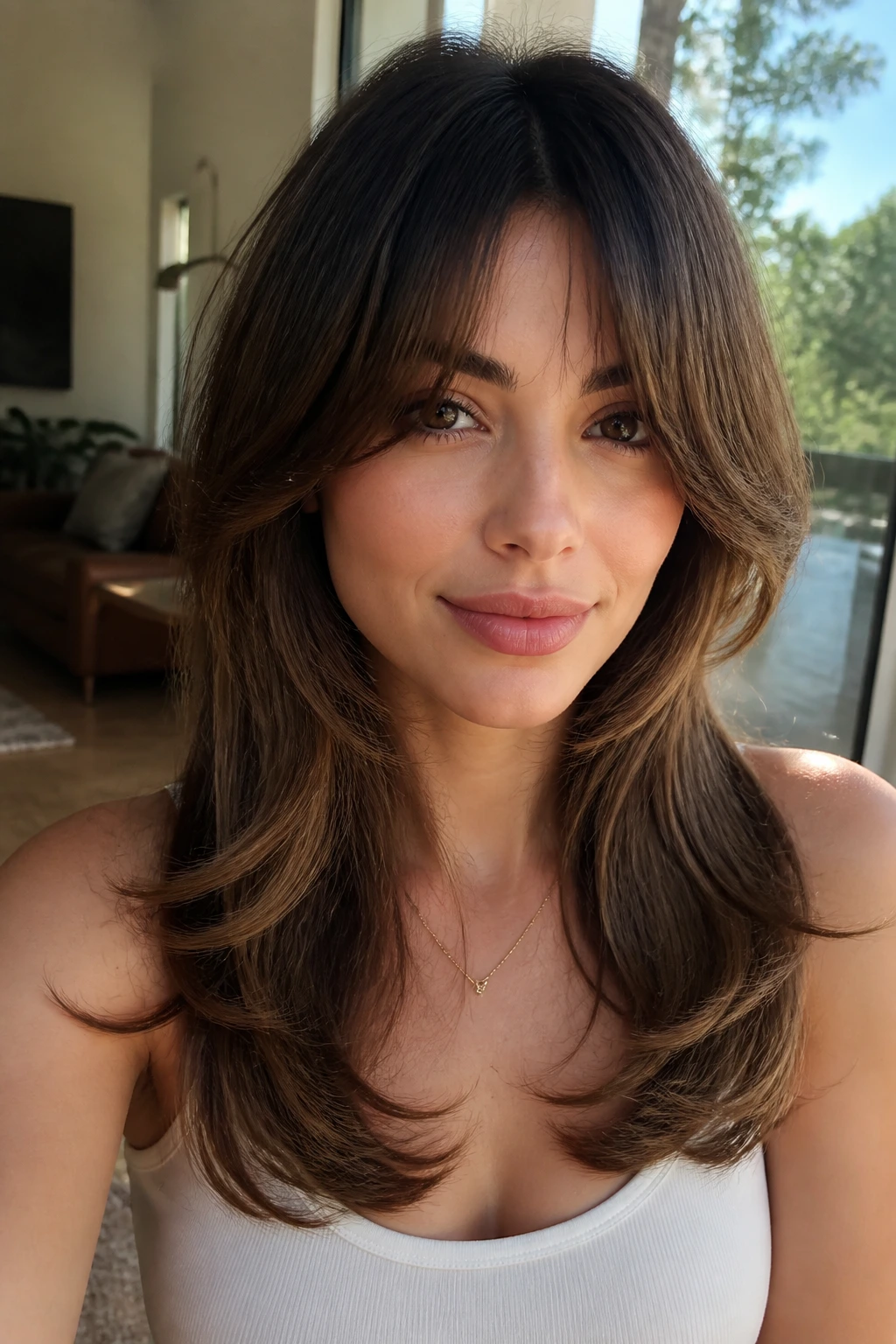 Close-up portrait of a real woman with butterfly cut bangs and floating layers in natural window light.