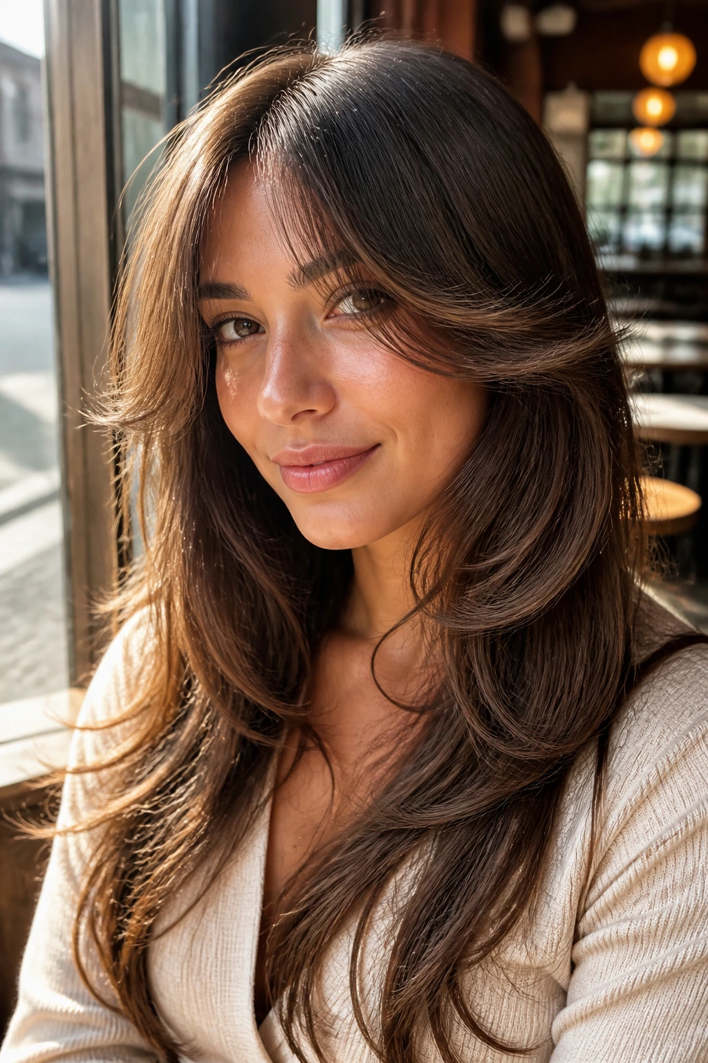 Close-up portrait of a woman wearing butterfly bangs