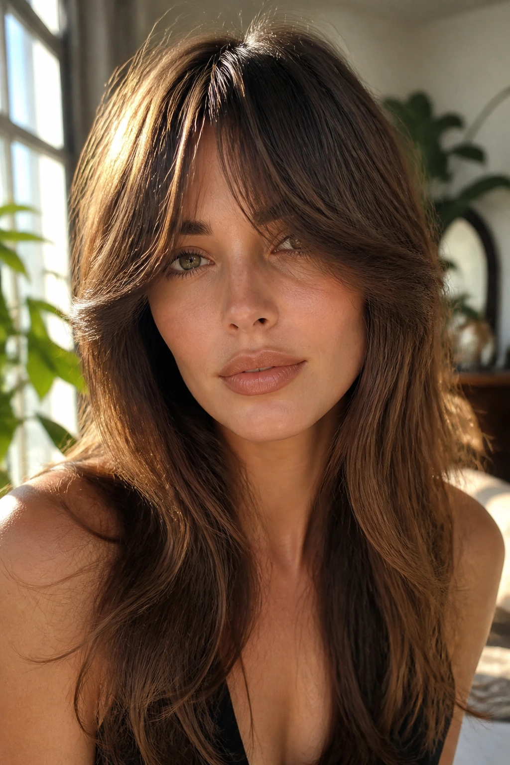 Close-up of a real woman with butterfly bangs framing the face