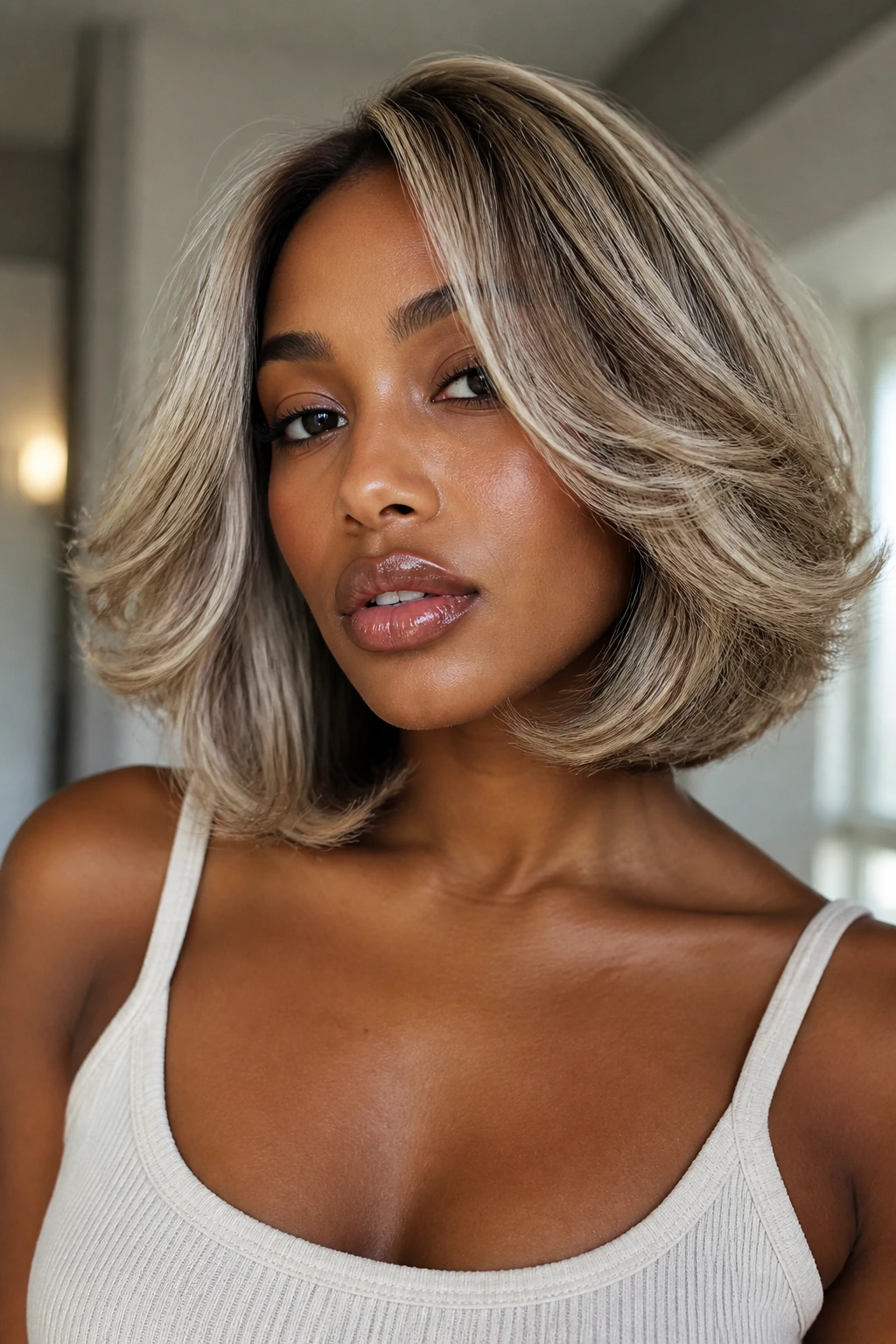 Real person with soft ash blonde butterfly bob with face-framing lift