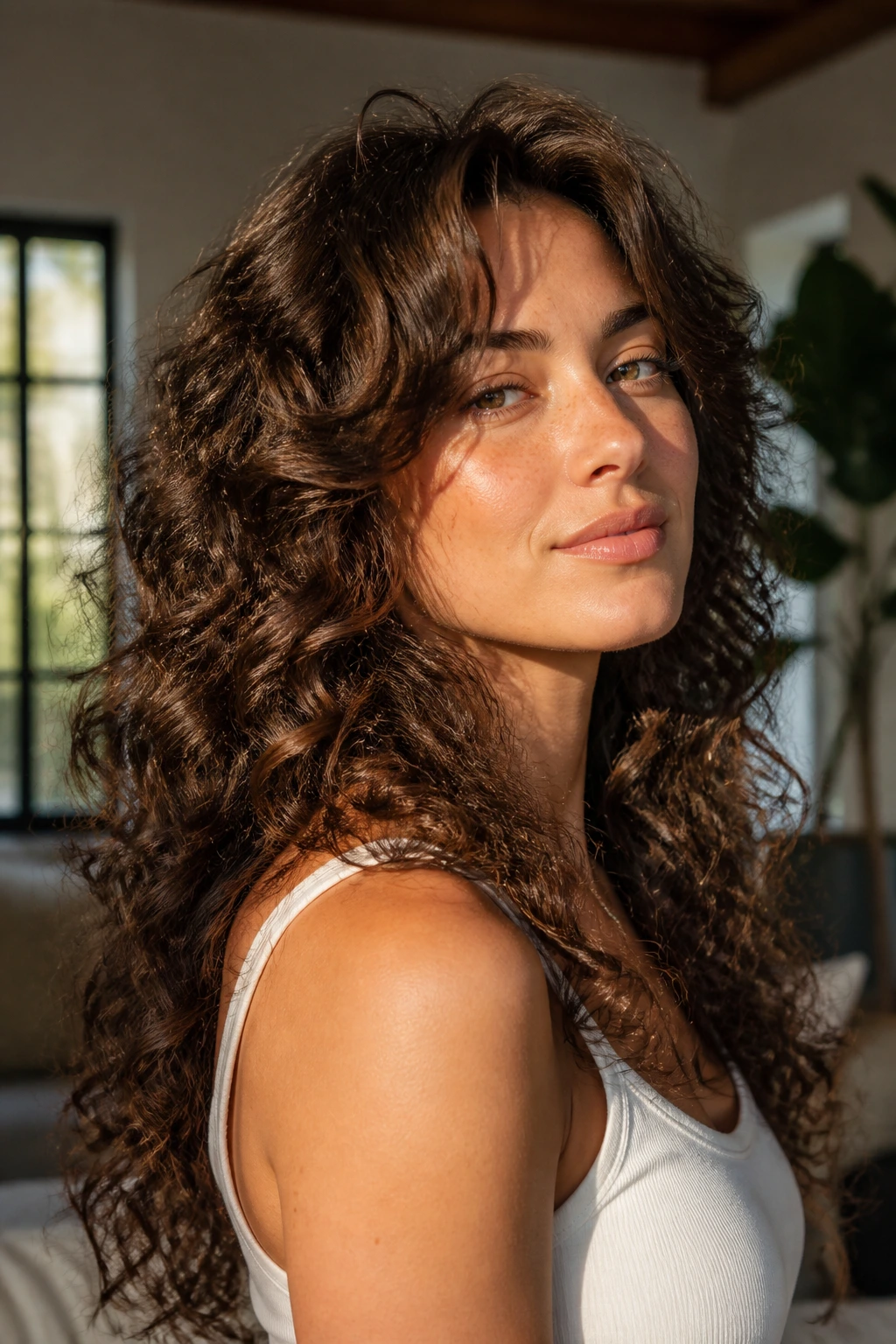 Close-up portrait of a woman with butterfly bounce layered curls.