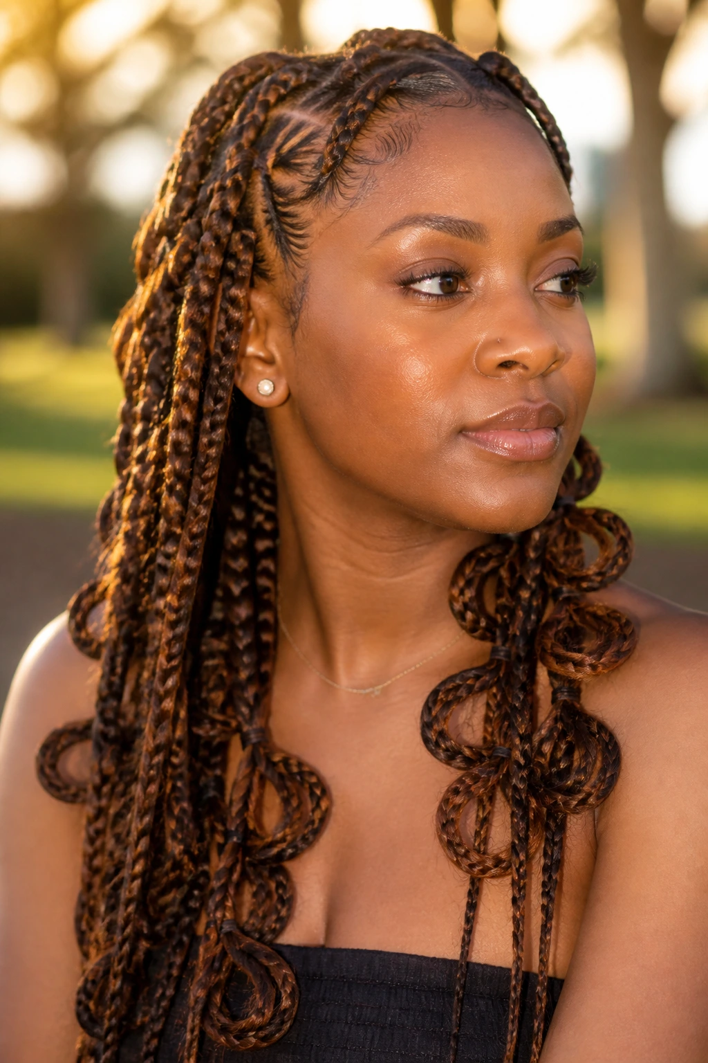 Close-up of butterfly braids with cinnamon lowlights on a real person