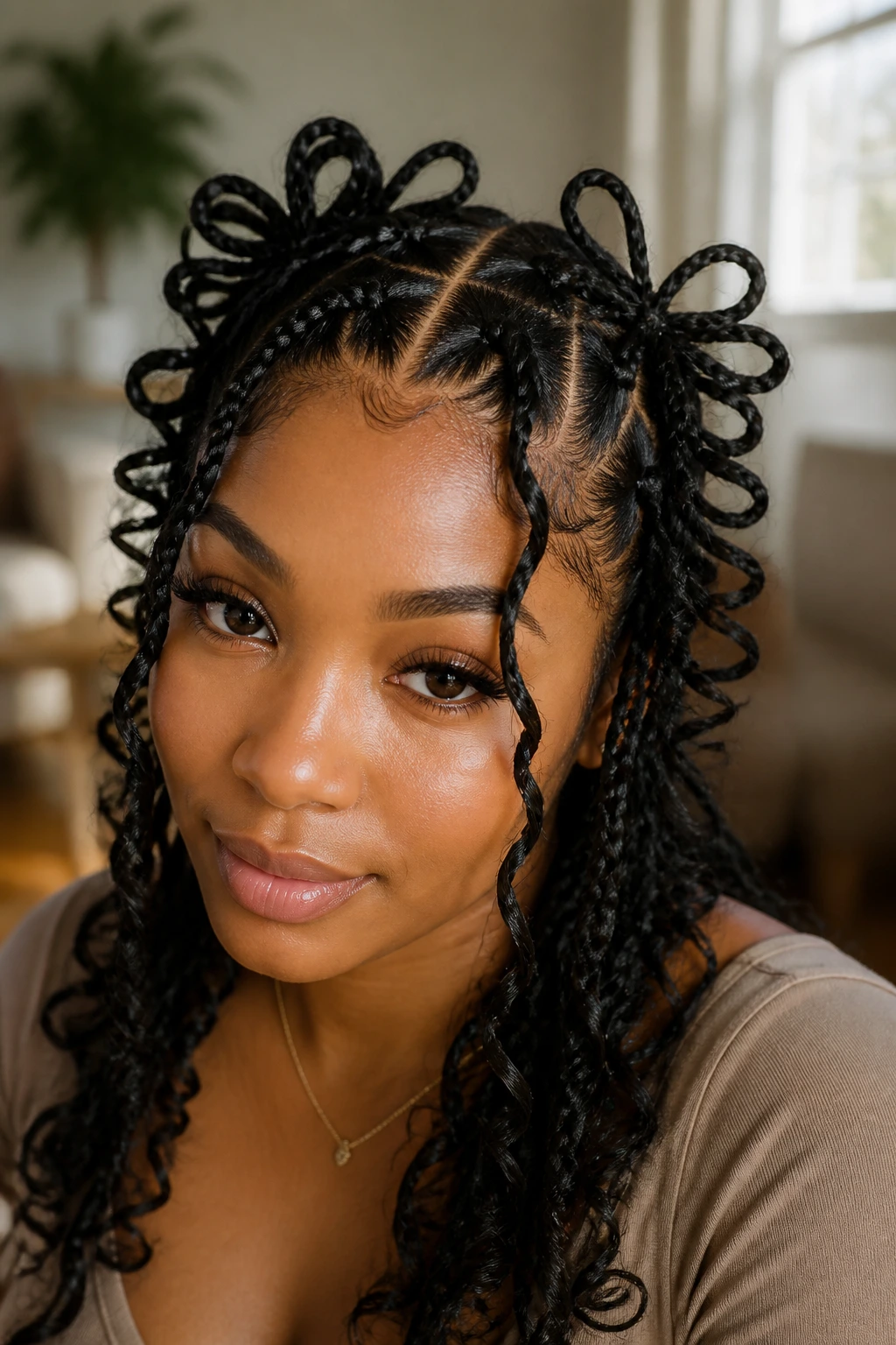 Close-up portrait of a woman with butterfly braids showing looped texture around the face