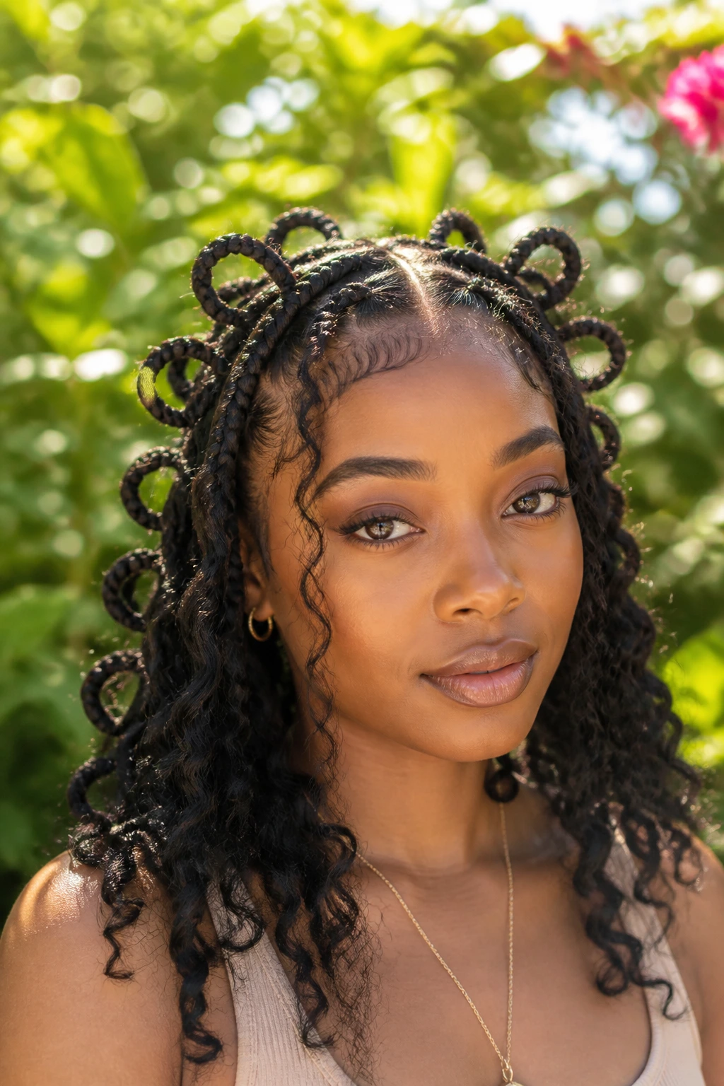 Close-up portrait of a real person with butterfly braids and voluminous loops