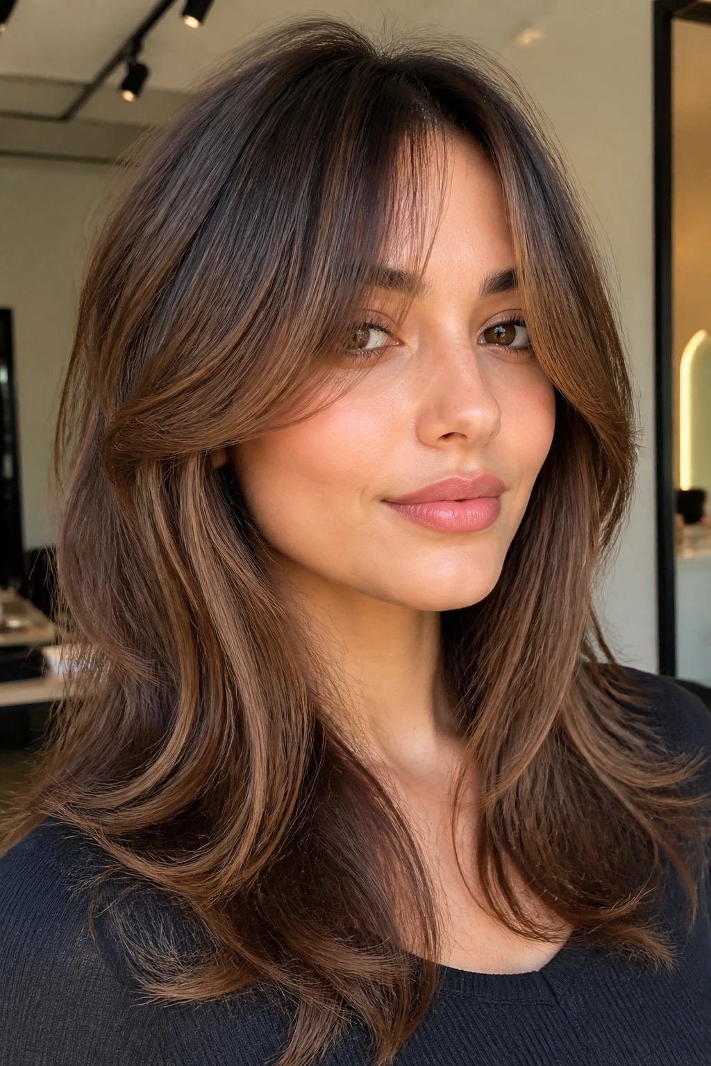 Close-up portrait of a real person with butterfly curtain bangs and airy layers