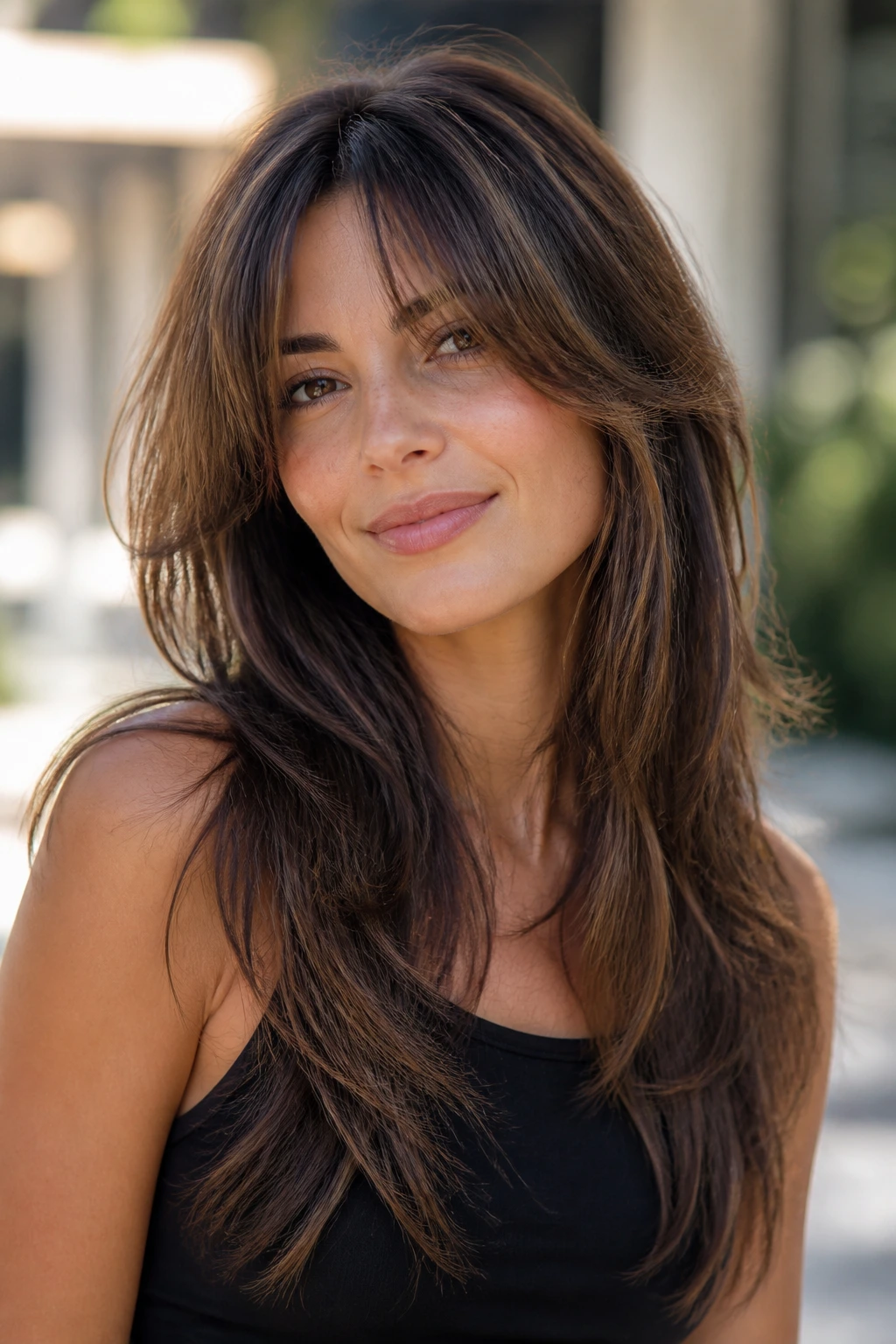 Portrait of a woman with a butterfly cut and airy curtain fringe