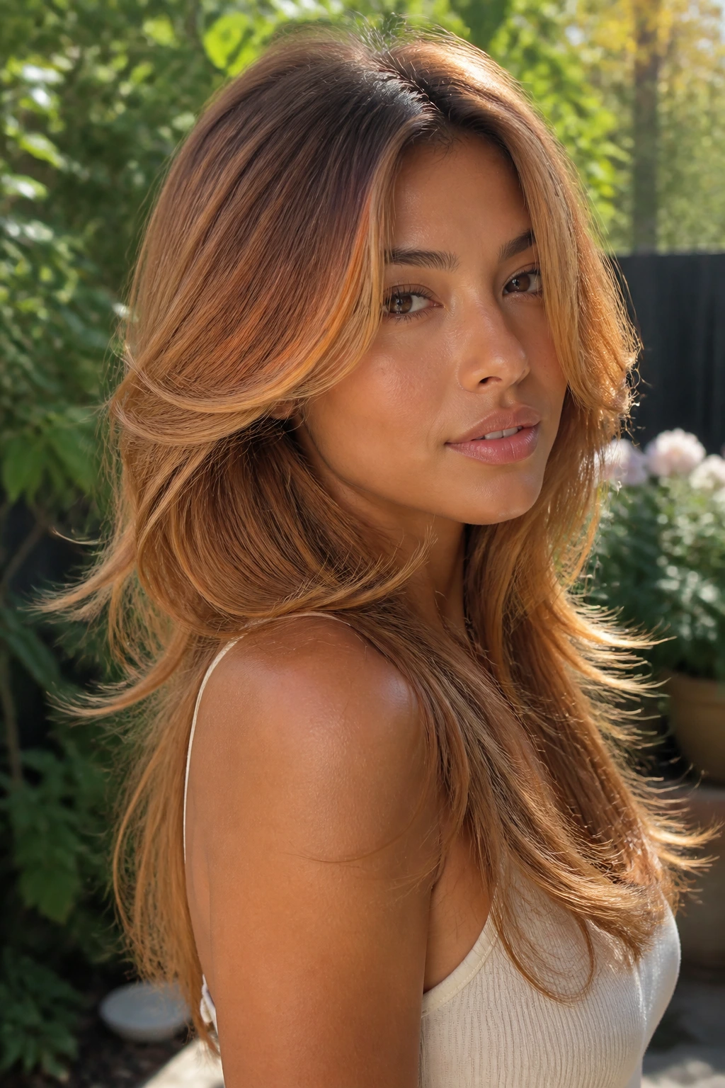 Butterfly cut hairstyle with honey-copper veil on tan skin in garden lighting