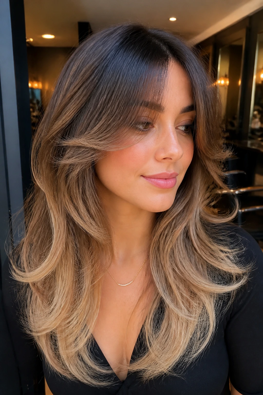 Close-up of brunette with butterfly cut and beige blonde ends.