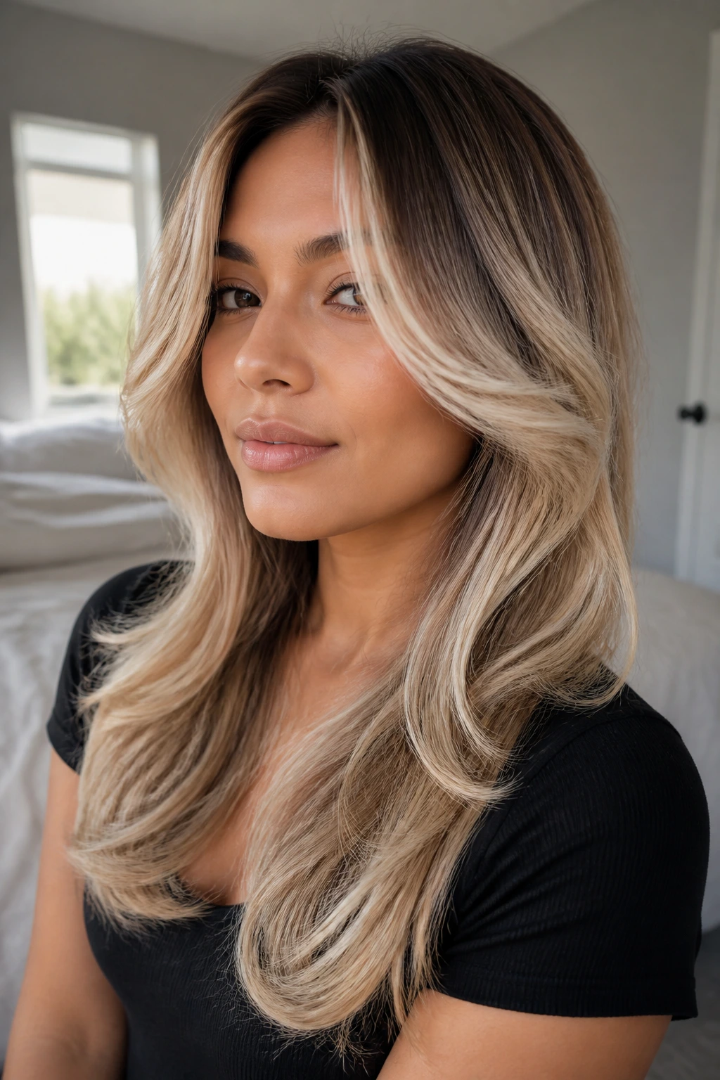 Close-up portrait of a real woman with butterfly cut and cool beige ends under soft window light
