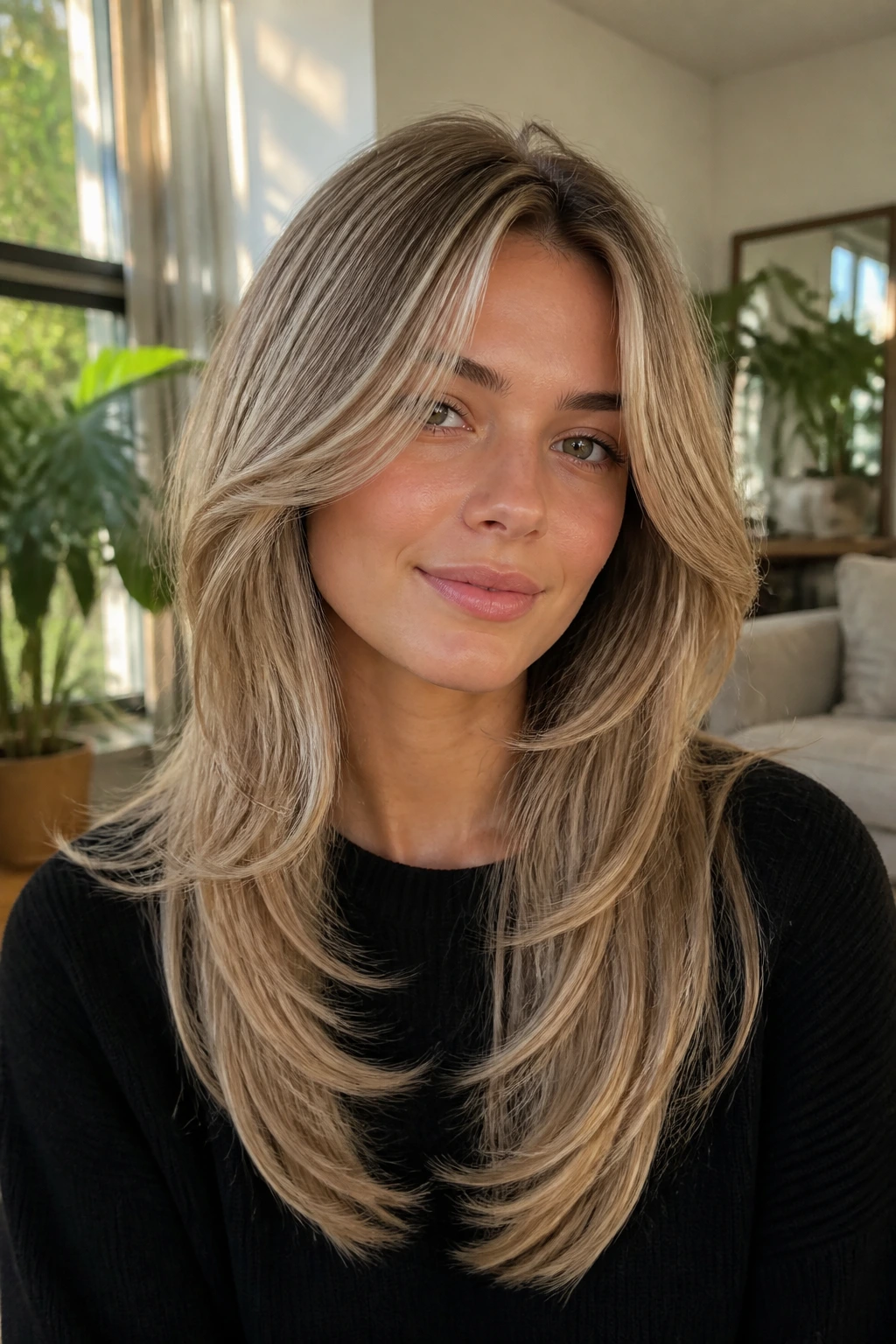 Portrait of a person with butterfly cut and airy face layers in ash-beige blonde