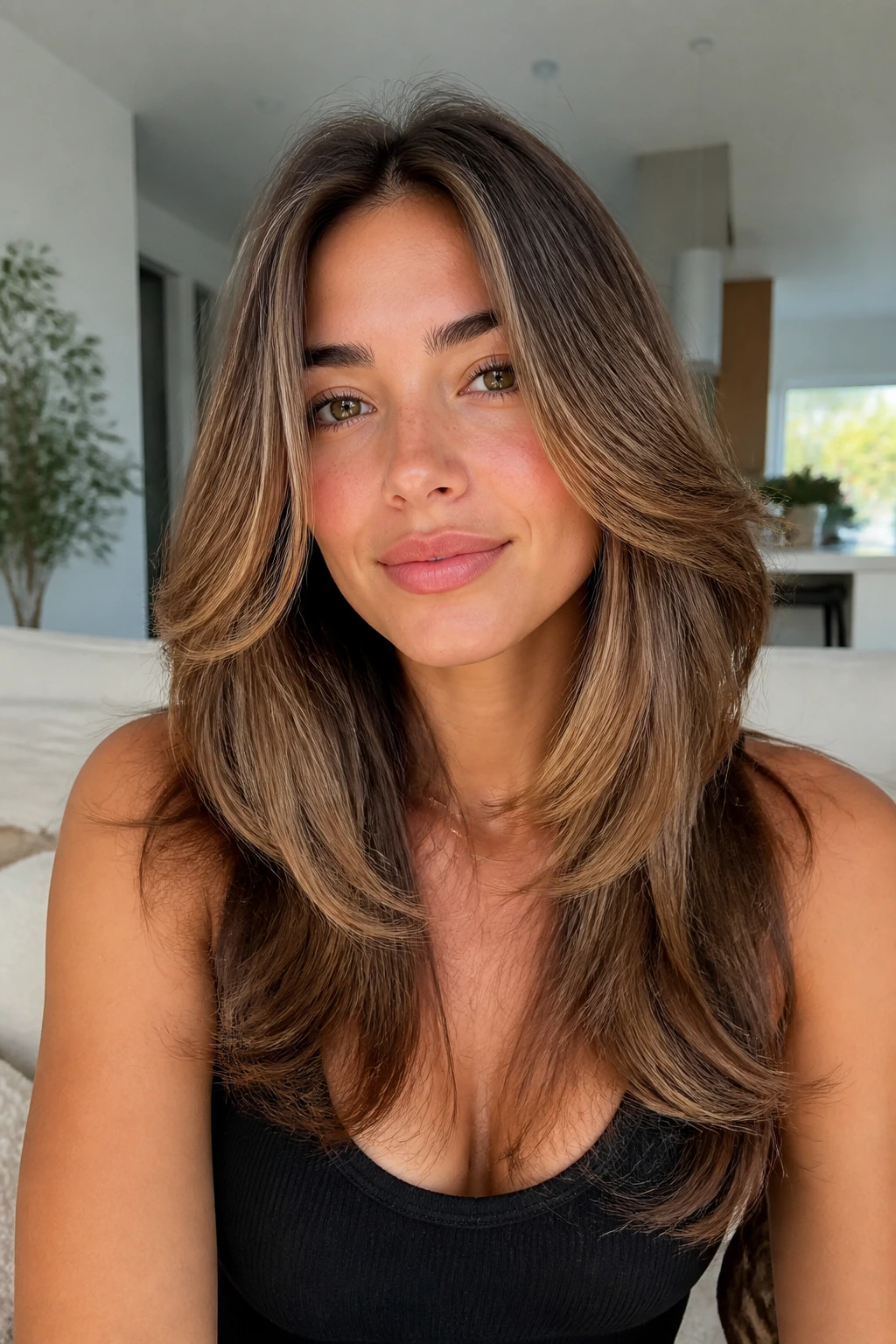 Close-up of a real woman with butterfly-cut layers and a blowout.