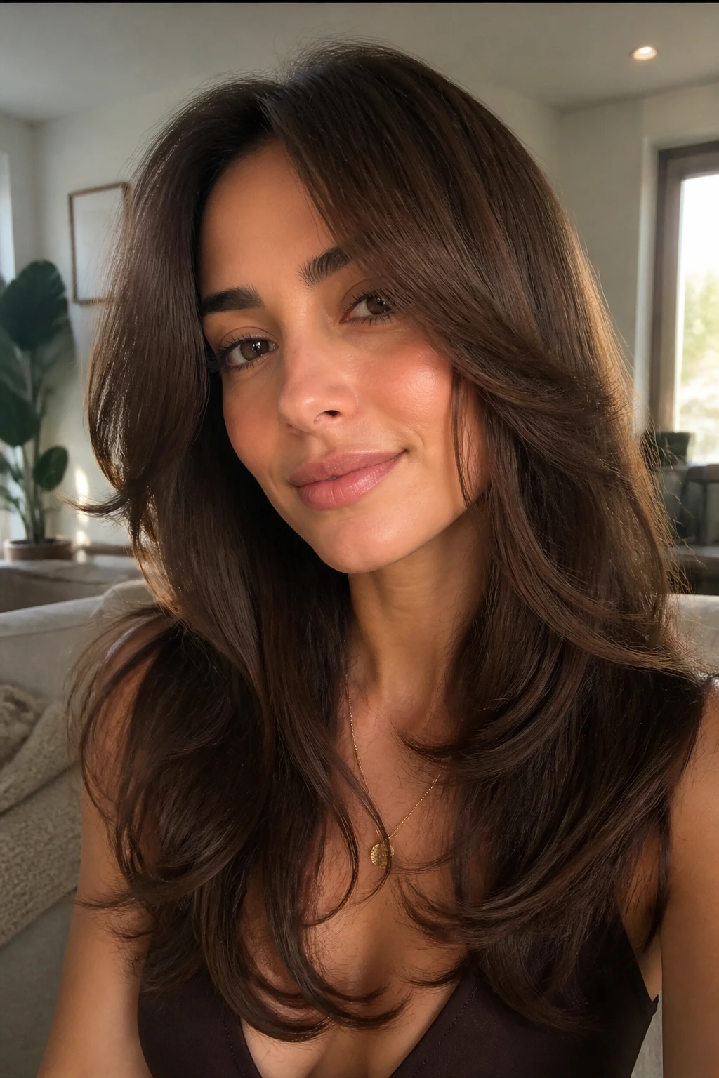 Close-up portrait of a real woman with a butterfly cut on warm brunette hair