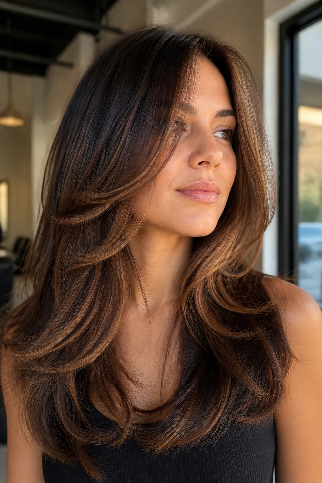 Portrait of a real woman with butterfly cut and caramel slices hairstyle