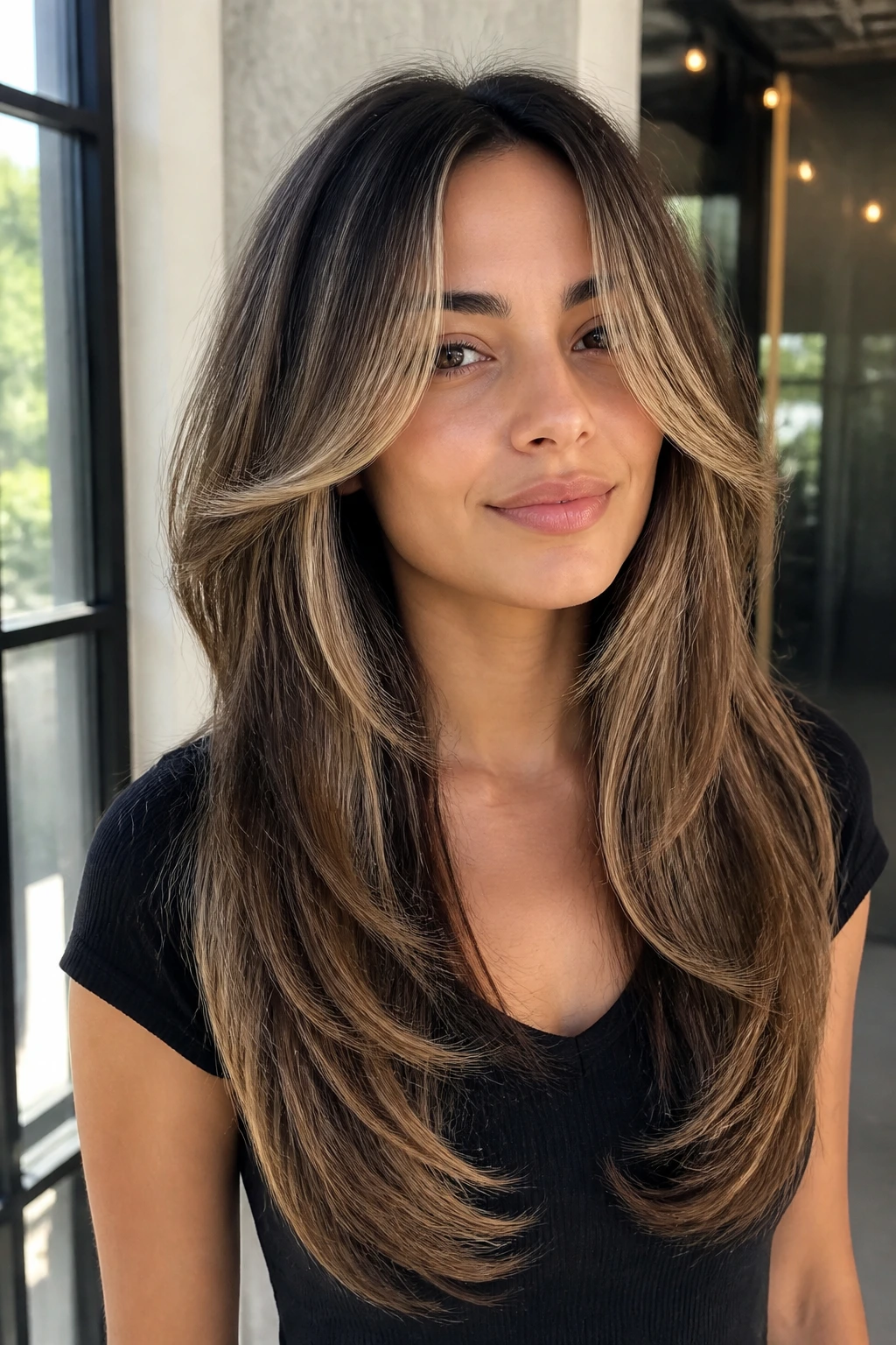 Close-up portrait of a person with long butterfly cut and champagne edge lights