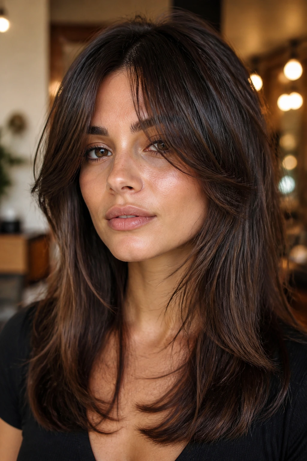 Close-up portrait of a real woman with butterfly cut and cheekbone bangs