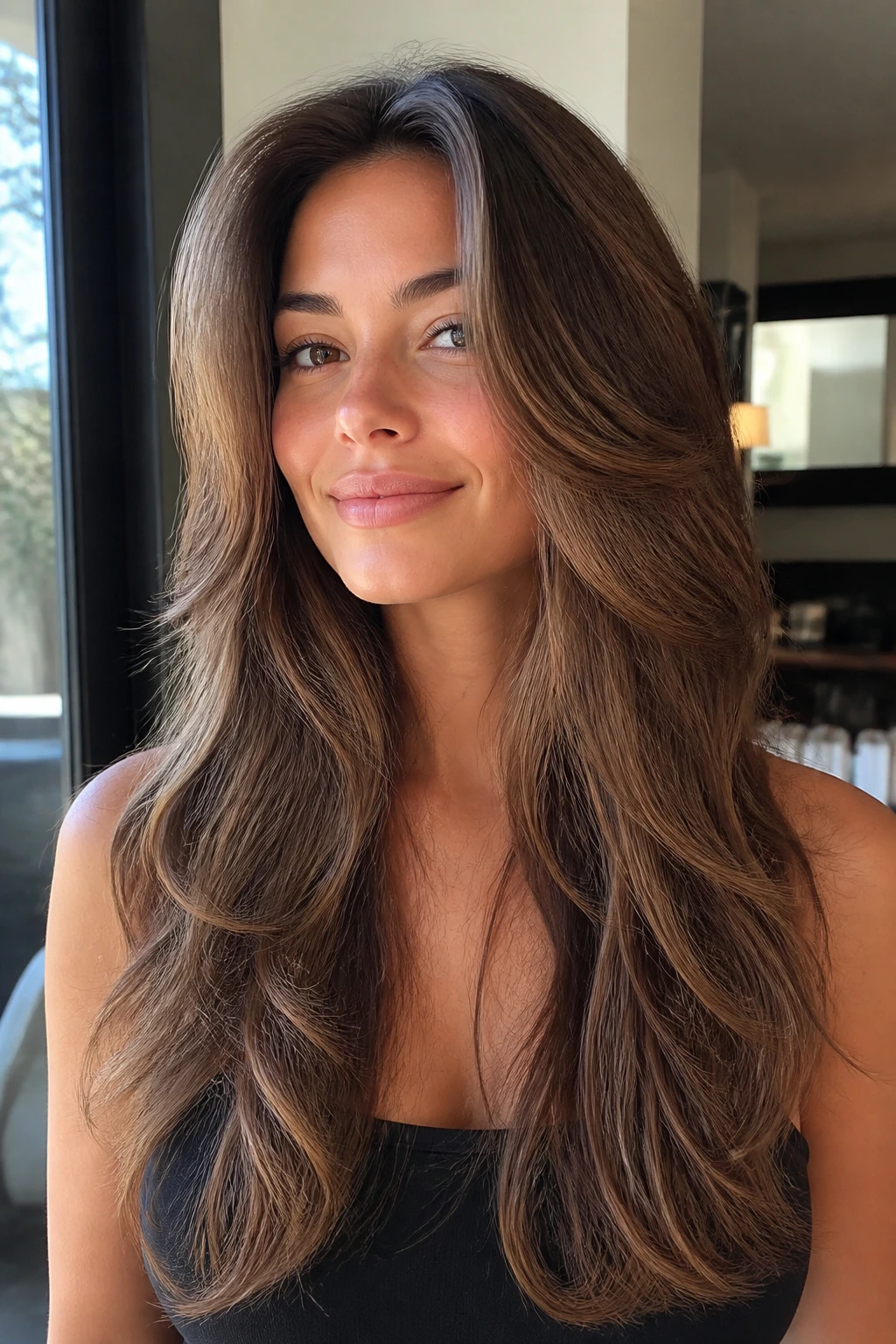 Close-up of a real woman with butterfly cut featuring lifted crown layers