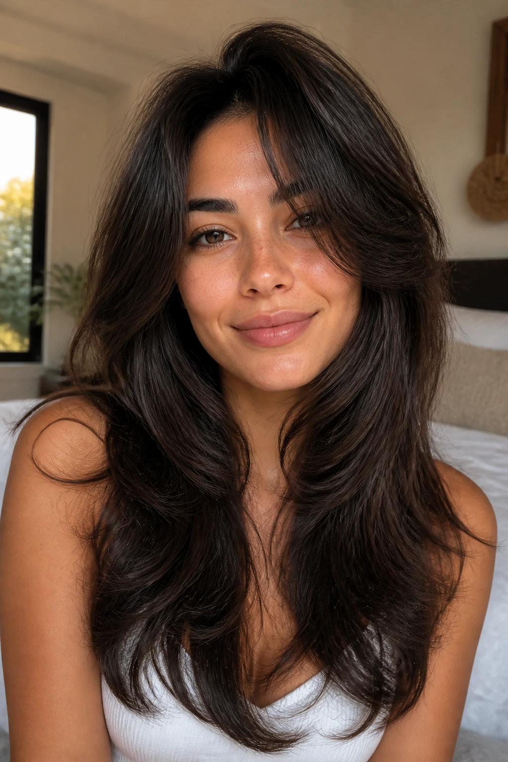 Close-up of a real woman with a butterfly cut lifting the crown on thick hair in warm window light
