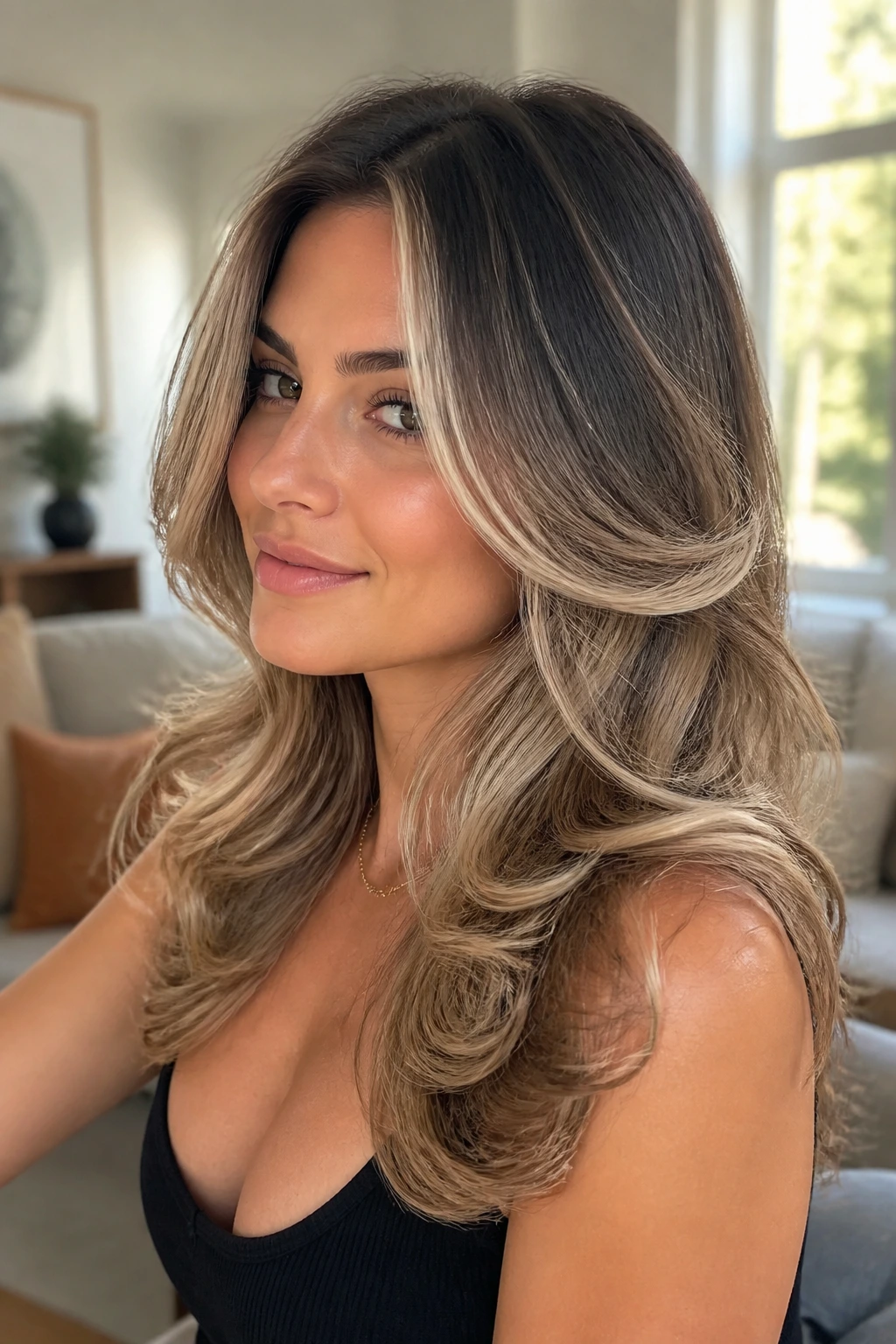 Real woman with cool blonde butterfly cut and curls