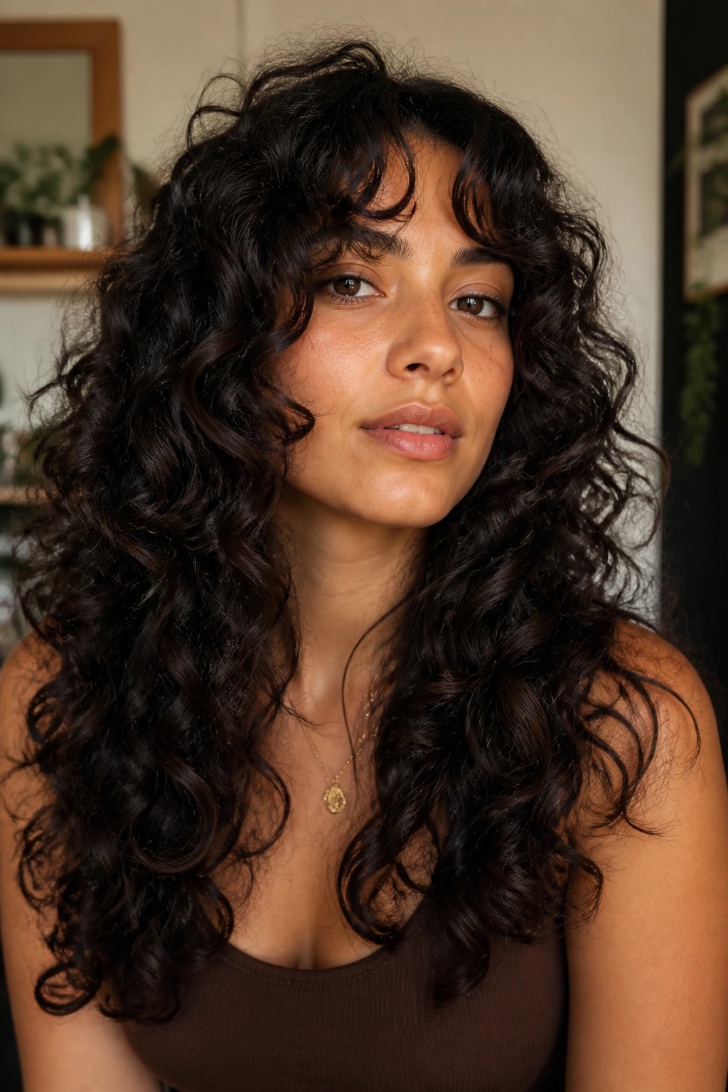 Portrait of a woman with a butterfly cut on dense curly hair