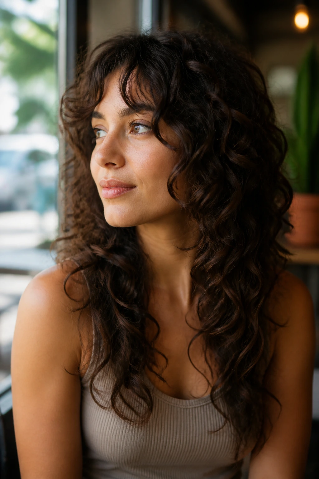Portrait of woman with butterfly cut curls