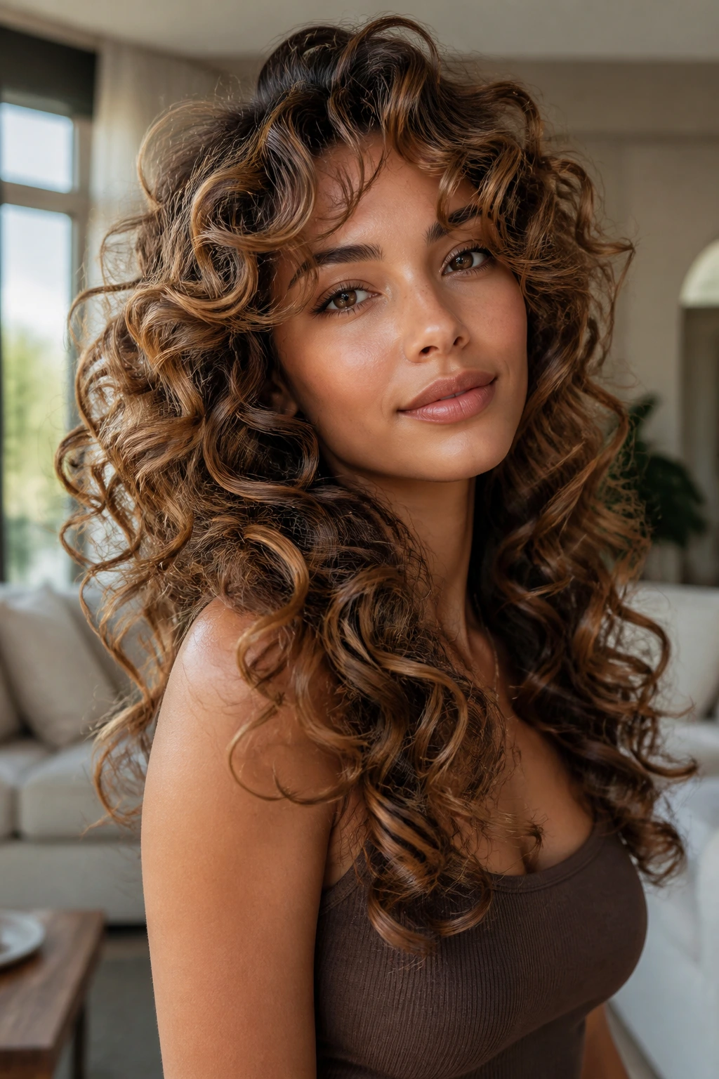 Close-up portrait of a real person with a butterfly-cut hairstyle and caramel highlights.