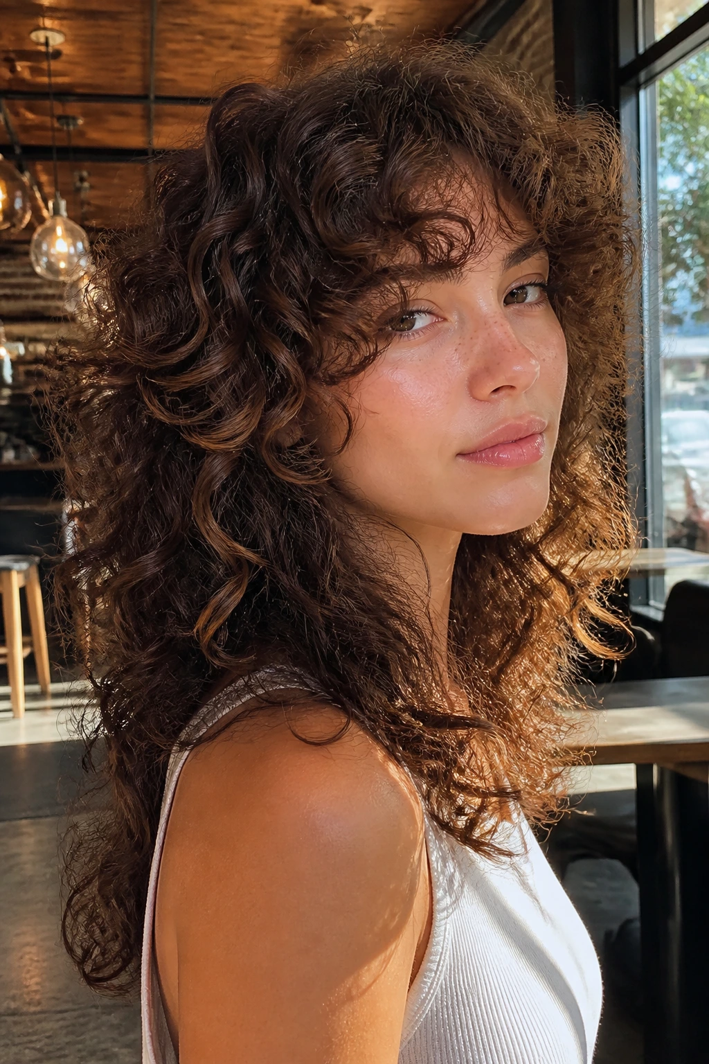 Close-up portrait of a real person with a butterfly cut for curly length
