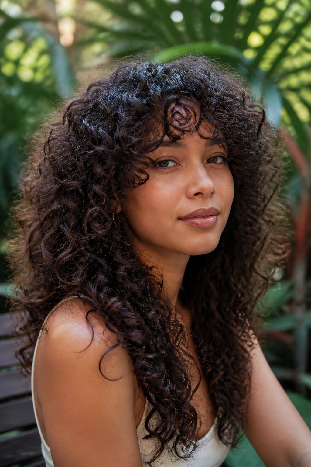 Close-up of a real person with butterfly cut and curly bangs in an garden setting