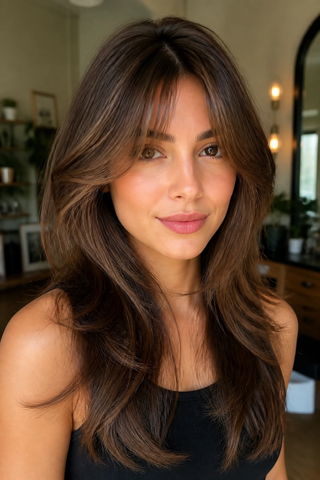 Portrait of a person with a butterfly cut and light curtain bangs for round faces