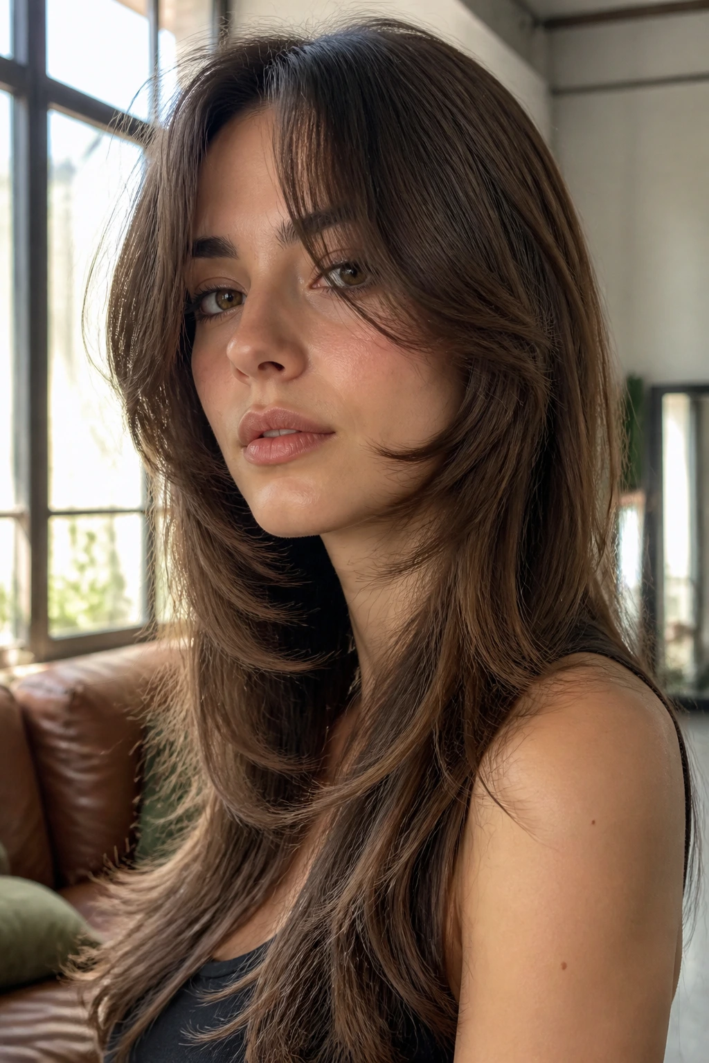 Close-up of a real person with Butterfly Cut With Short Face Layers and curtain bangs