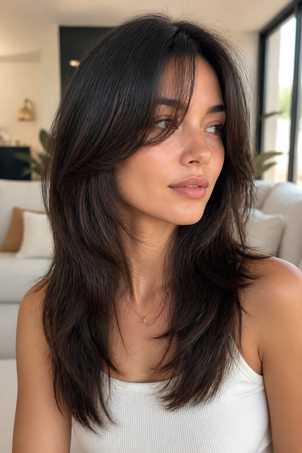 Close-up portrait of a real woman with butterfly cut and airy curtain bangs