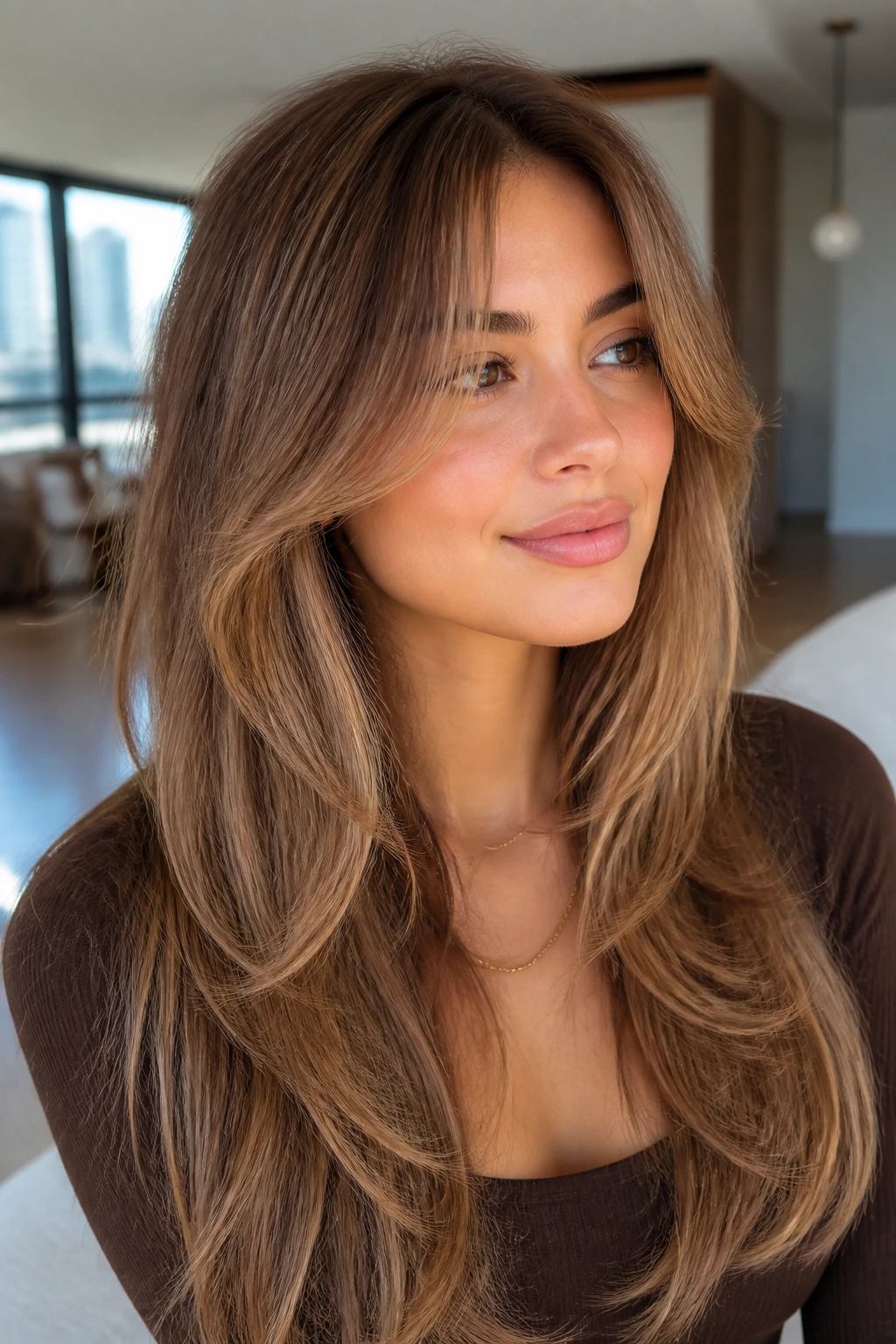 Portrait of a person with butterfly cut and long curtain pieces framing the face