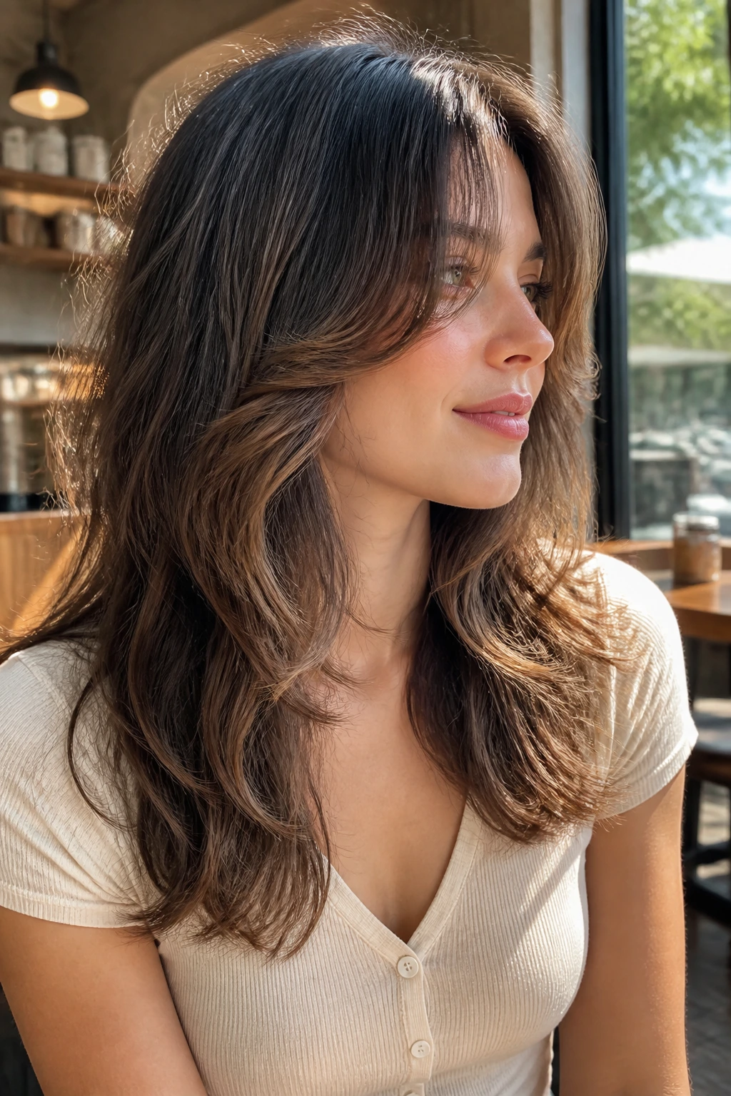 Real-person close-up displaying butterfly cut with floating face frames on 2C hair