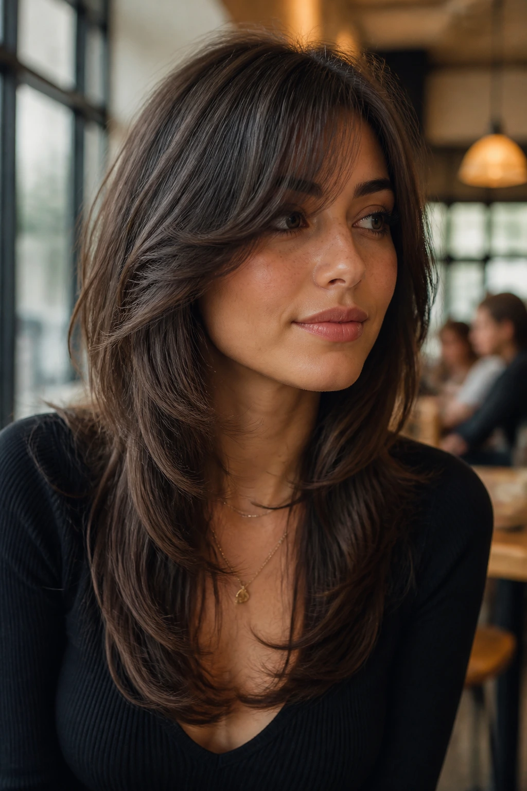 Portrait of a real woman with a butterfly cut and lateral face-framing layers.