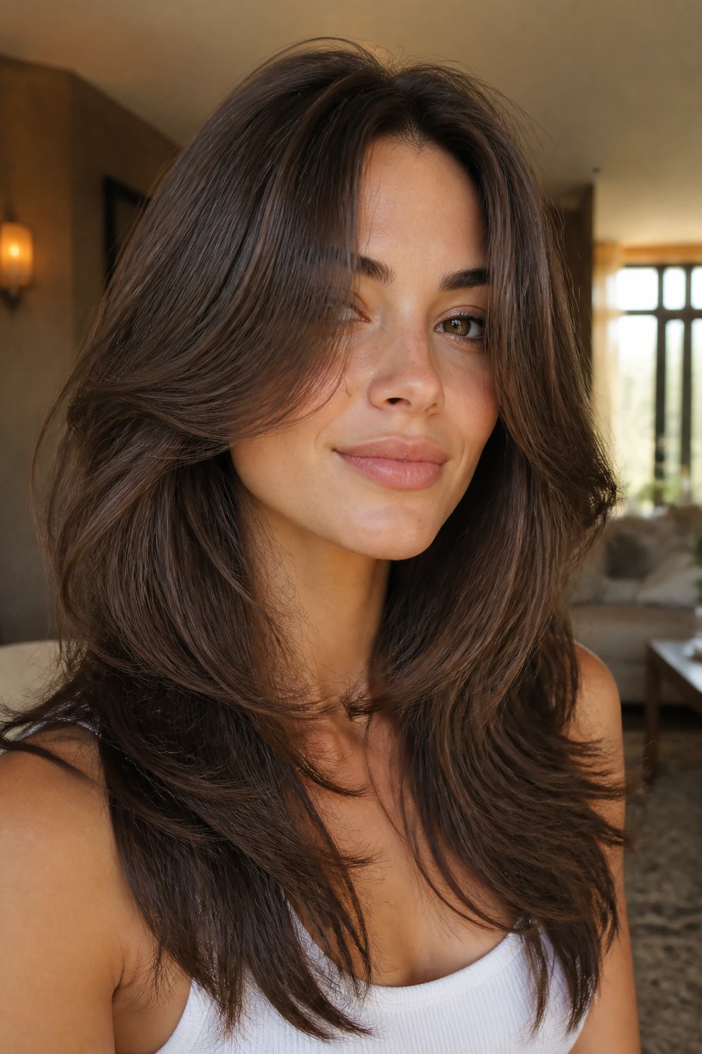 Real woman with butterfly cut and bold face-framing layers
