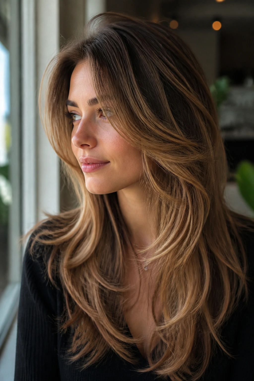 Portrait of a real person with a butterfly cut and caramel balayage on fine long hair