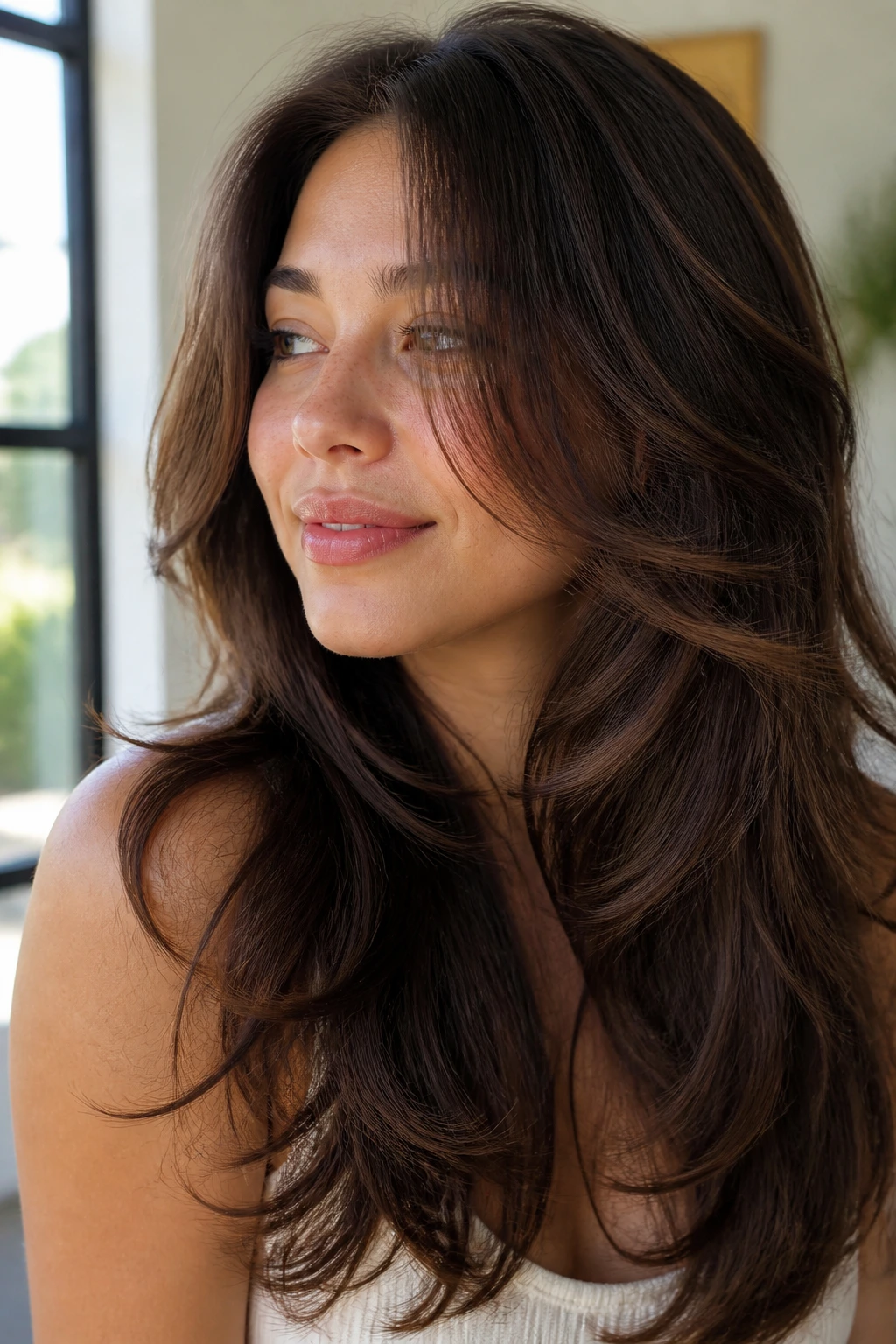 Close-up of a real woman with butterfly cut and floating face pieces, natural light.
