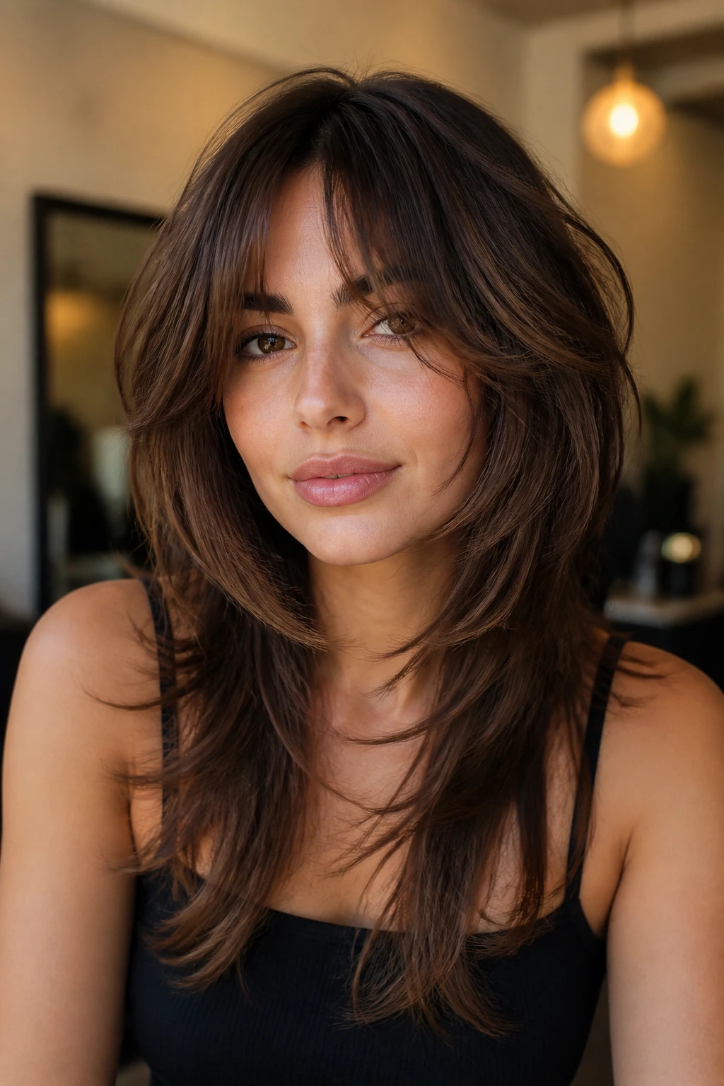 Portrait of a woman with butterfly cut floating front pieces