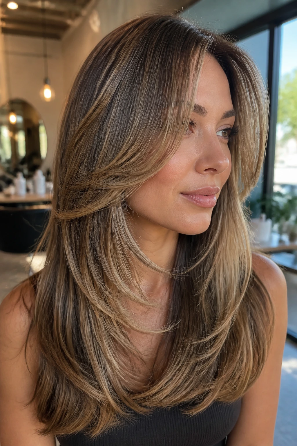 Close-up of a real woman with butterfly cut and floating layers