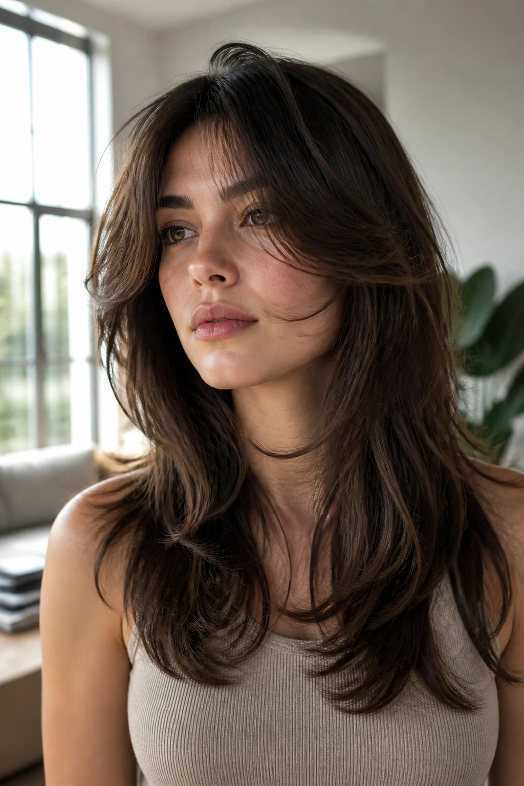 Close-up of a woman with a butterfly cut and floating layers.