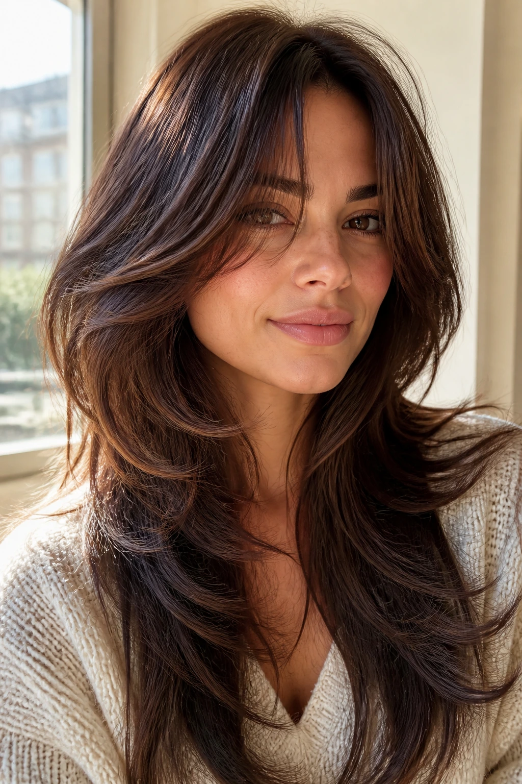 Close-up portrait of a real woman with a butterfly cut featuring lifted front layers