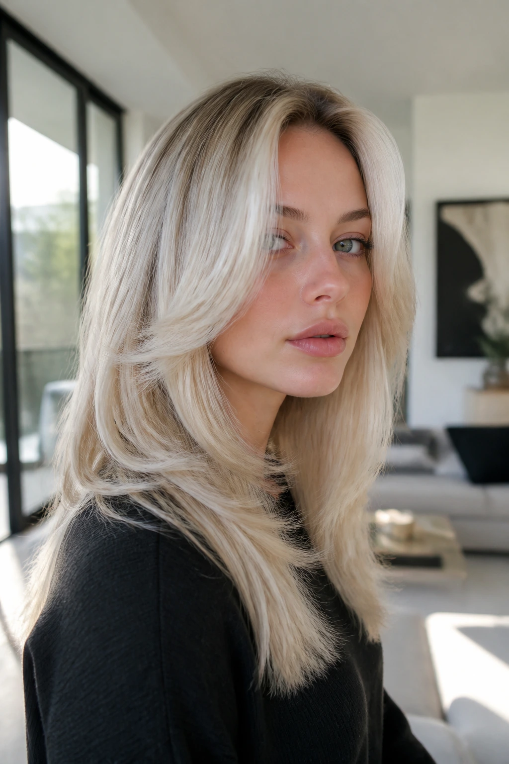 Close up of a real woman with butterfly cut in frosted blonde in a bright living room
