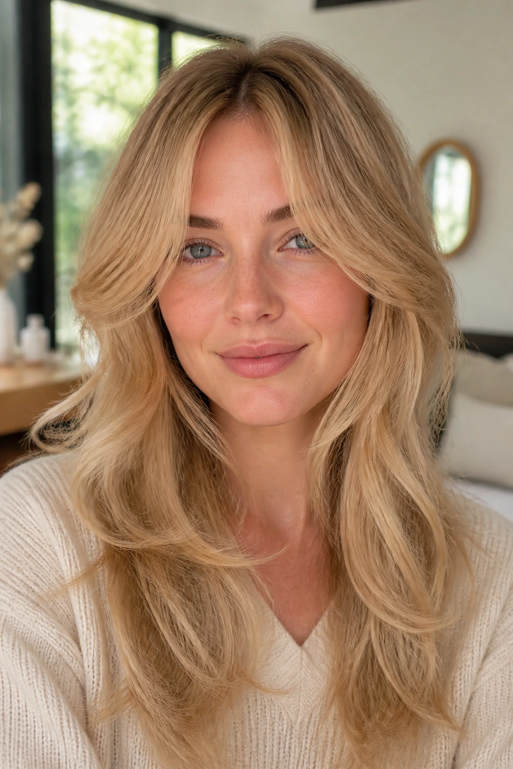 Close-up of real woman with butterfly cut in golden beige blonde