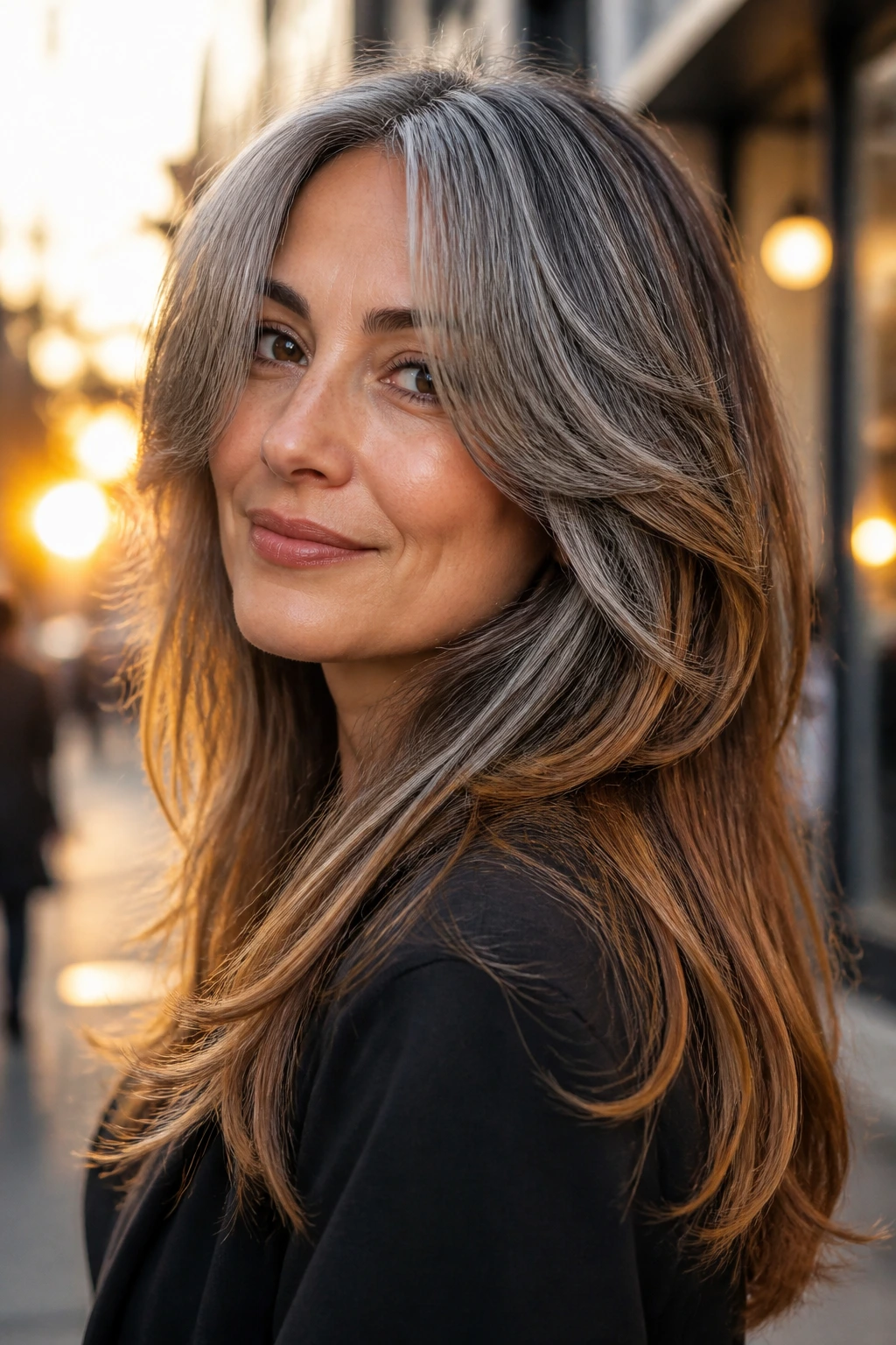 Close-up portrait of a real woman with butterfly cut featuring grey and honey caramel
