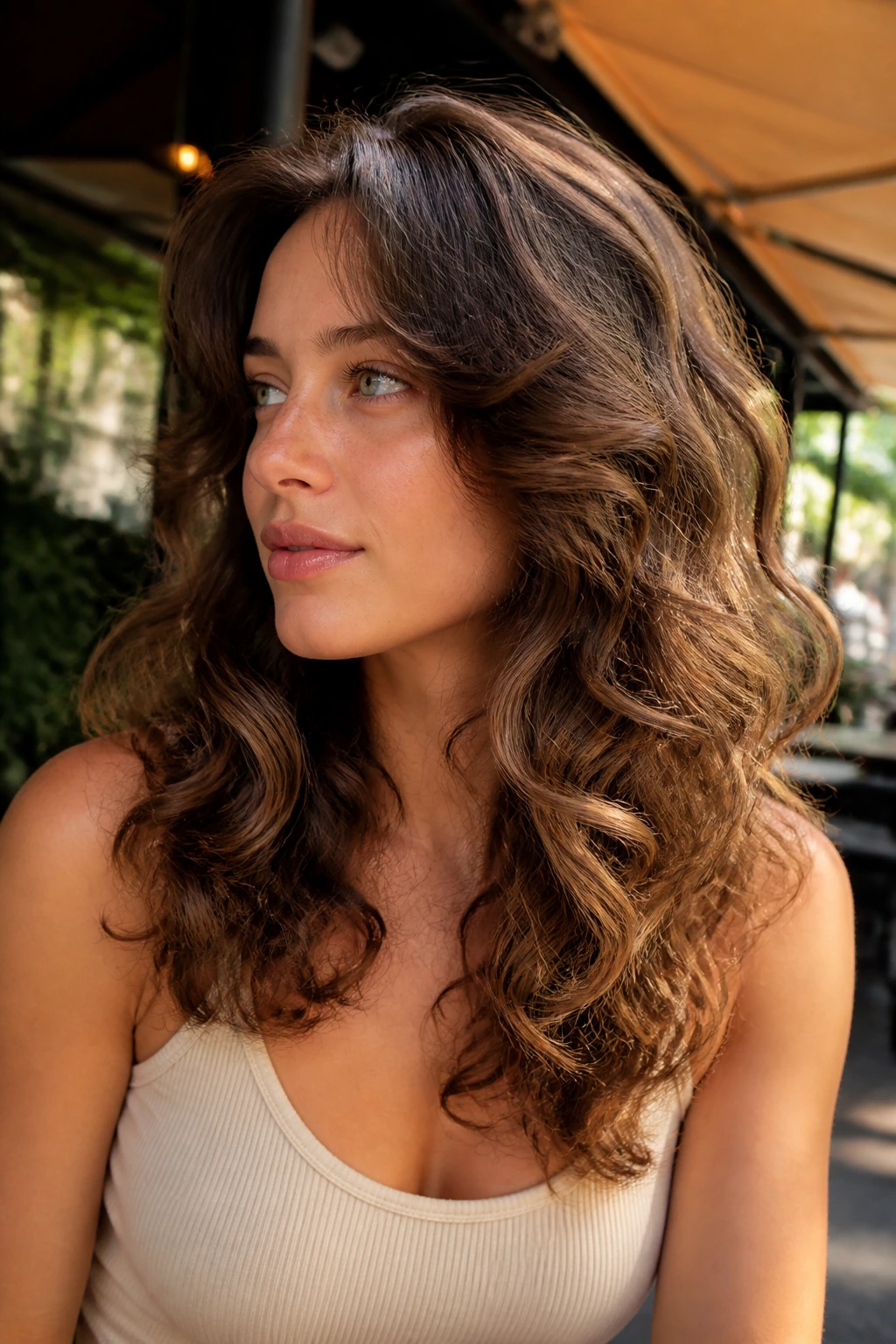 Close-up of a real woman showing a butterfly-cut hairstyle with short front pieces and longer back.