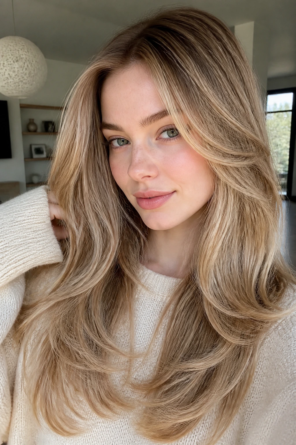Portrait of a person with butterfly cut honey balayage in a bright living room.